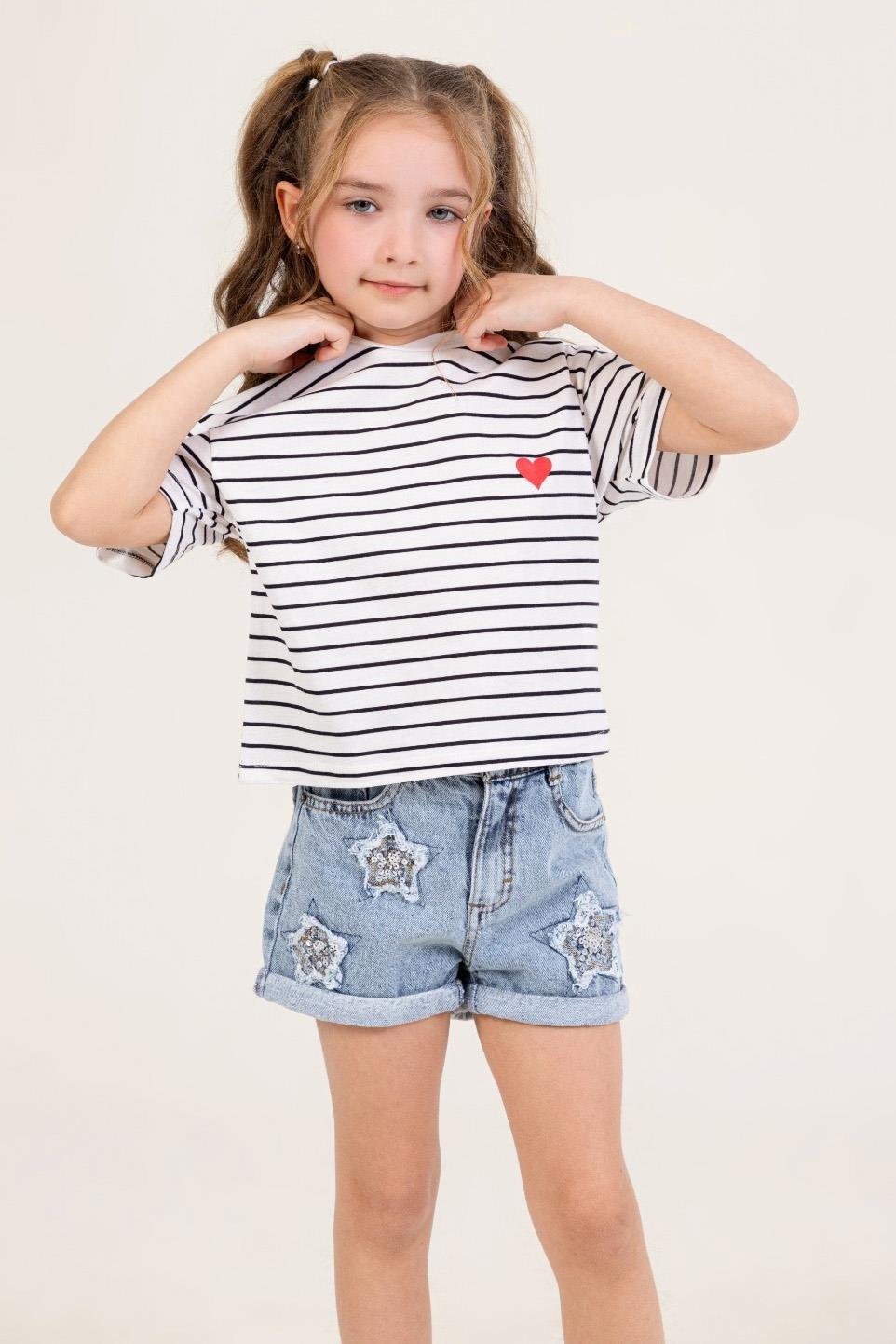 Yıldız İşlemeli Kot Şort - Mavi