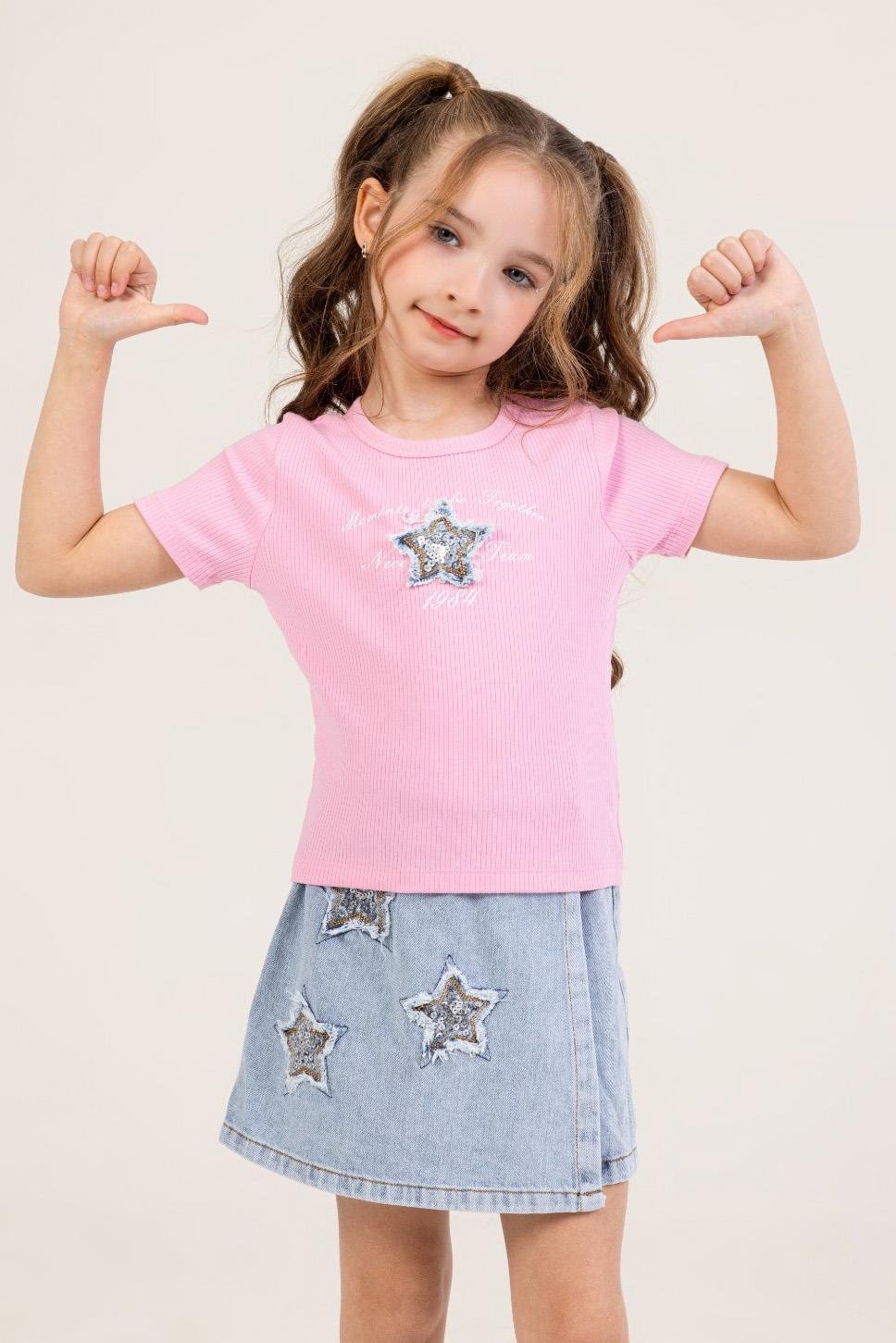 Yıldızlı Şort Etekli Kız Takım - Pembe