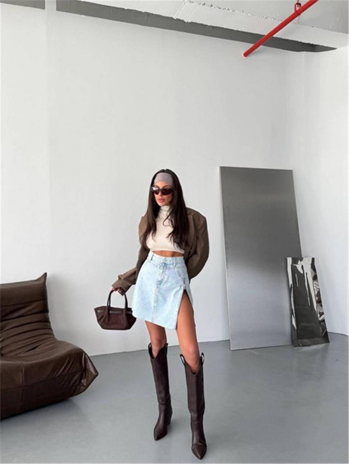 Açık Mavi Yırtmaçlı Fermuarlı Denim Mini Etek