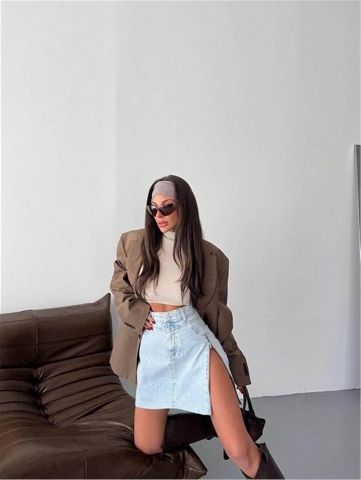 Açık Mavi Yırtmaçlı Fermuarlı Denim Mini Etek