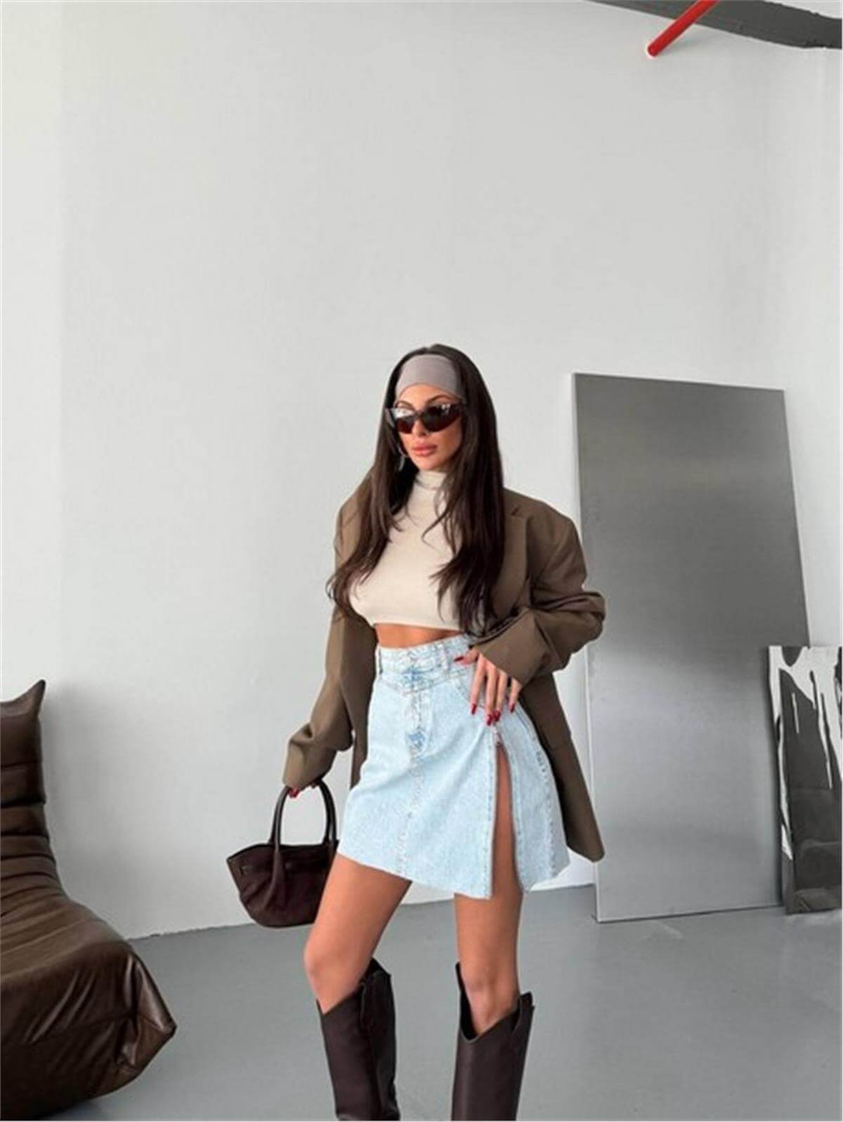 Açık Mavi Yırtmaçlı Fermuarlı Denim Mini Etek