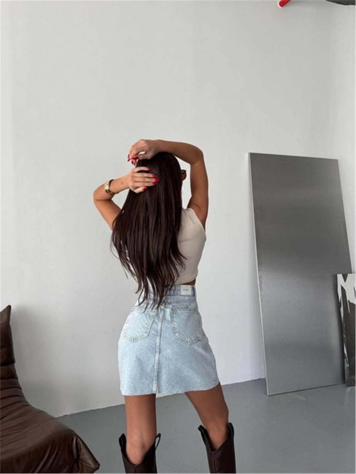Açık Mavi Yırtmaçlı Fermuarlı Denim Mini Etek