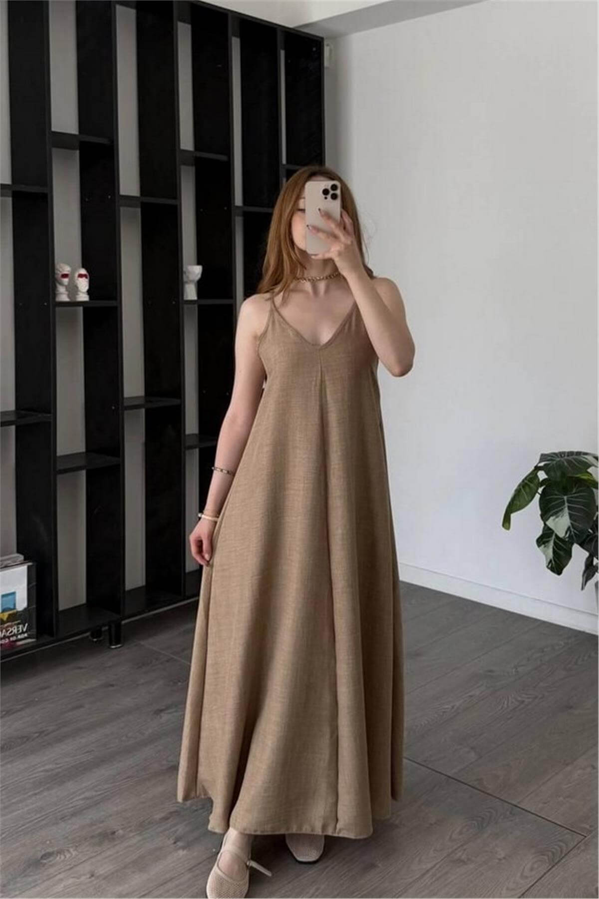 Askılı Kahverengi Keten Elbise