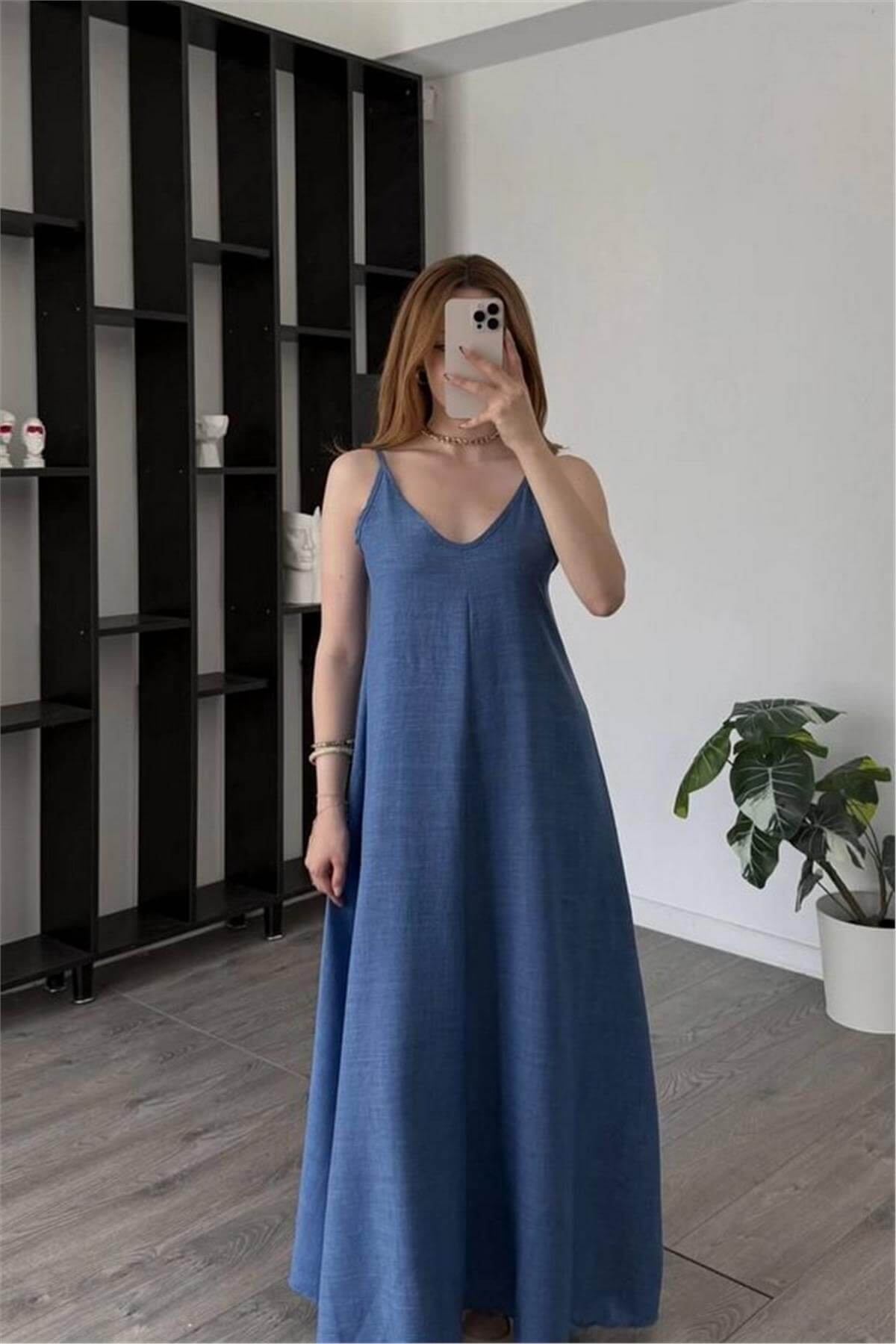 Askılı Mavi Keten Elbise