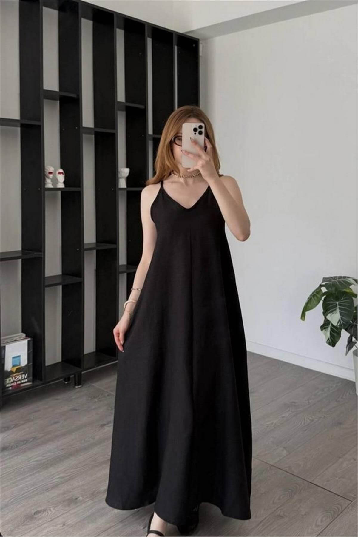 Askılı Siyah Keten Elbise