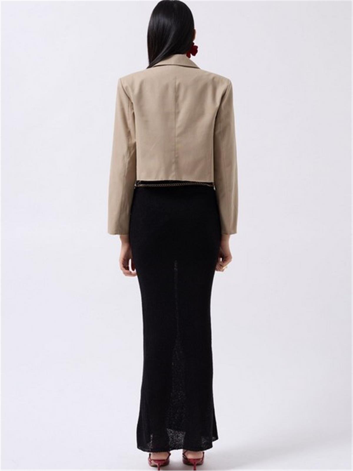 Bej Crop Keten Blazer Ceket