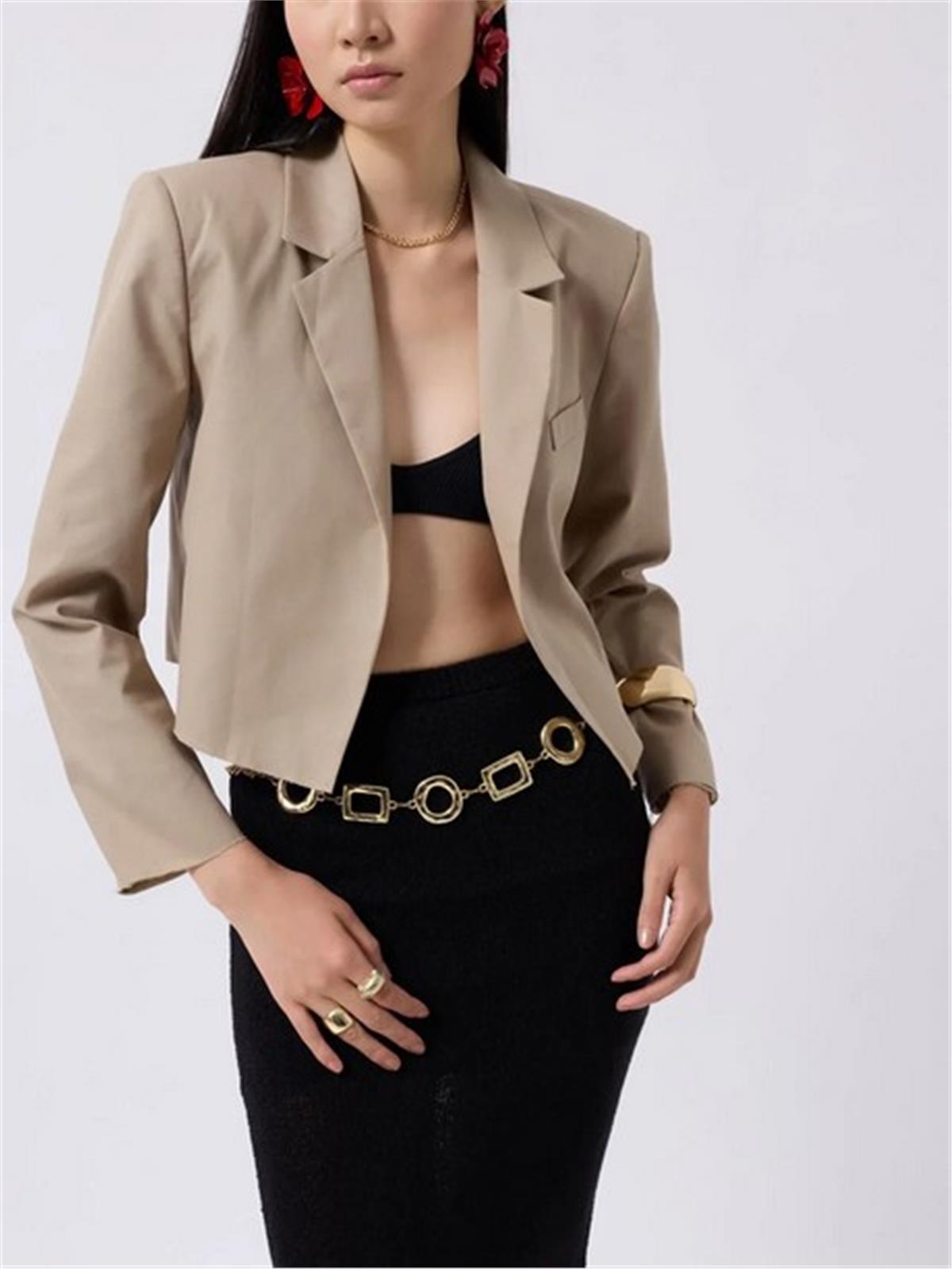 Bej Crop Keten Blazer Ceket
