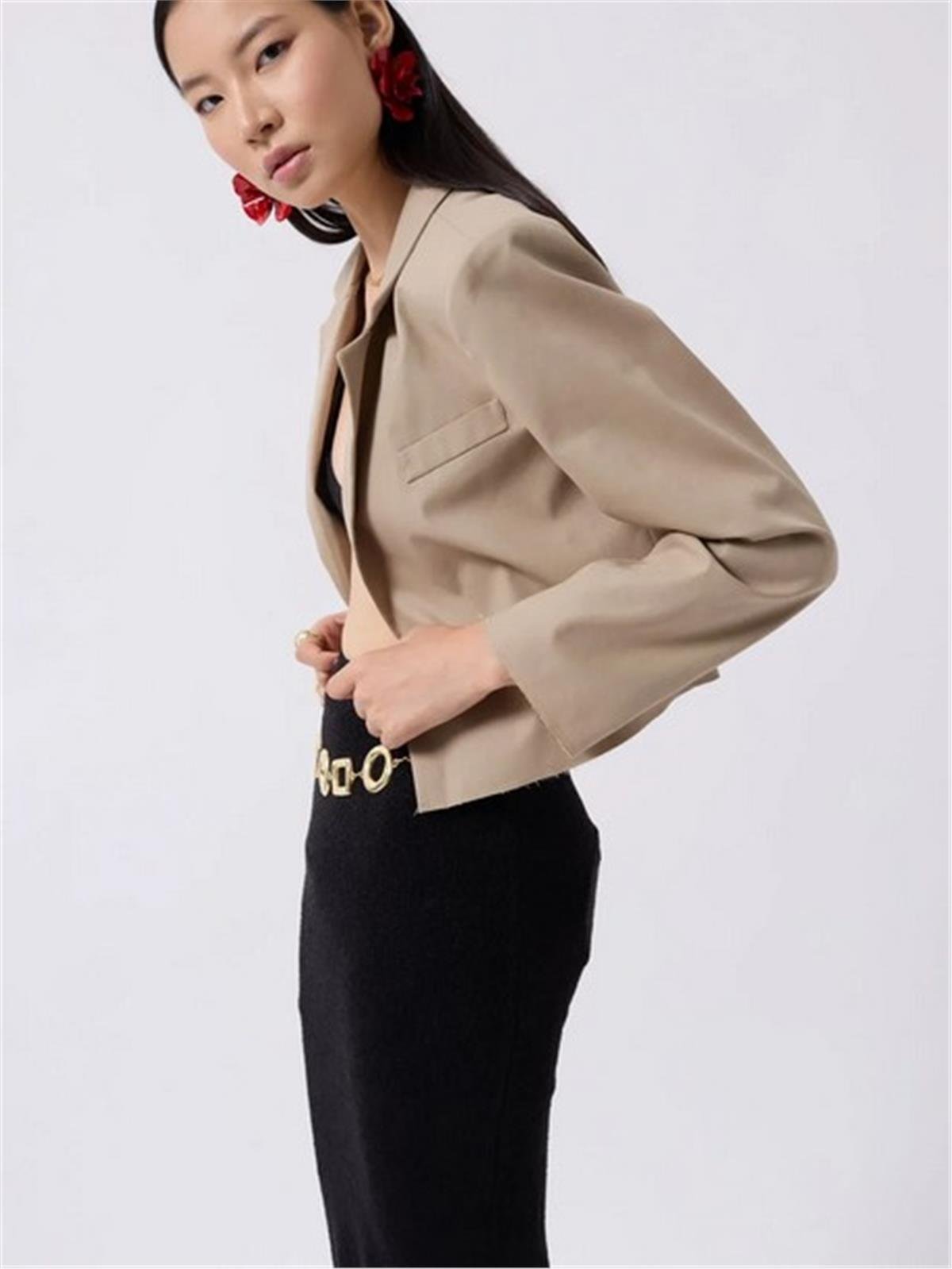 Bej Crop Keten Blazer Ceket