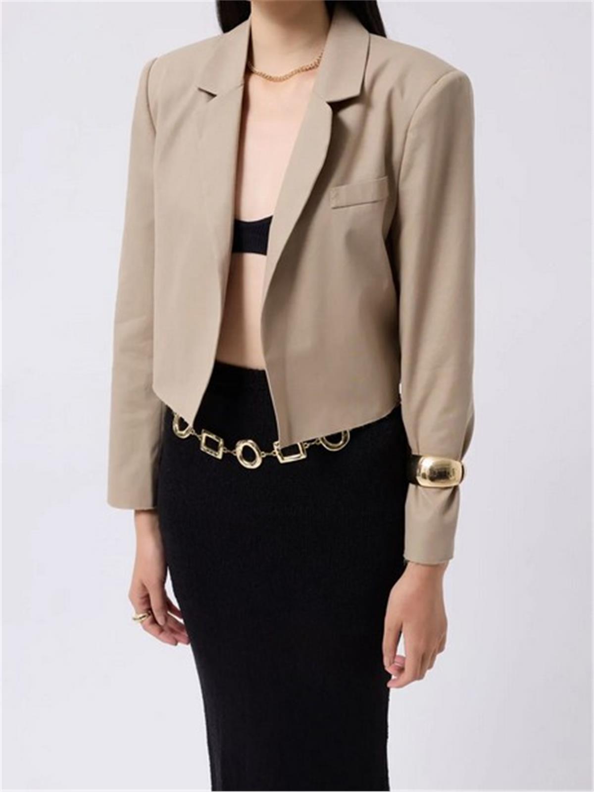 Bej Crop Keten Blazer Ceket
