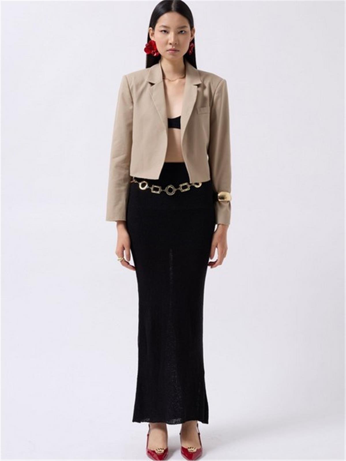 Bej Crop Keten Blazer Ceket