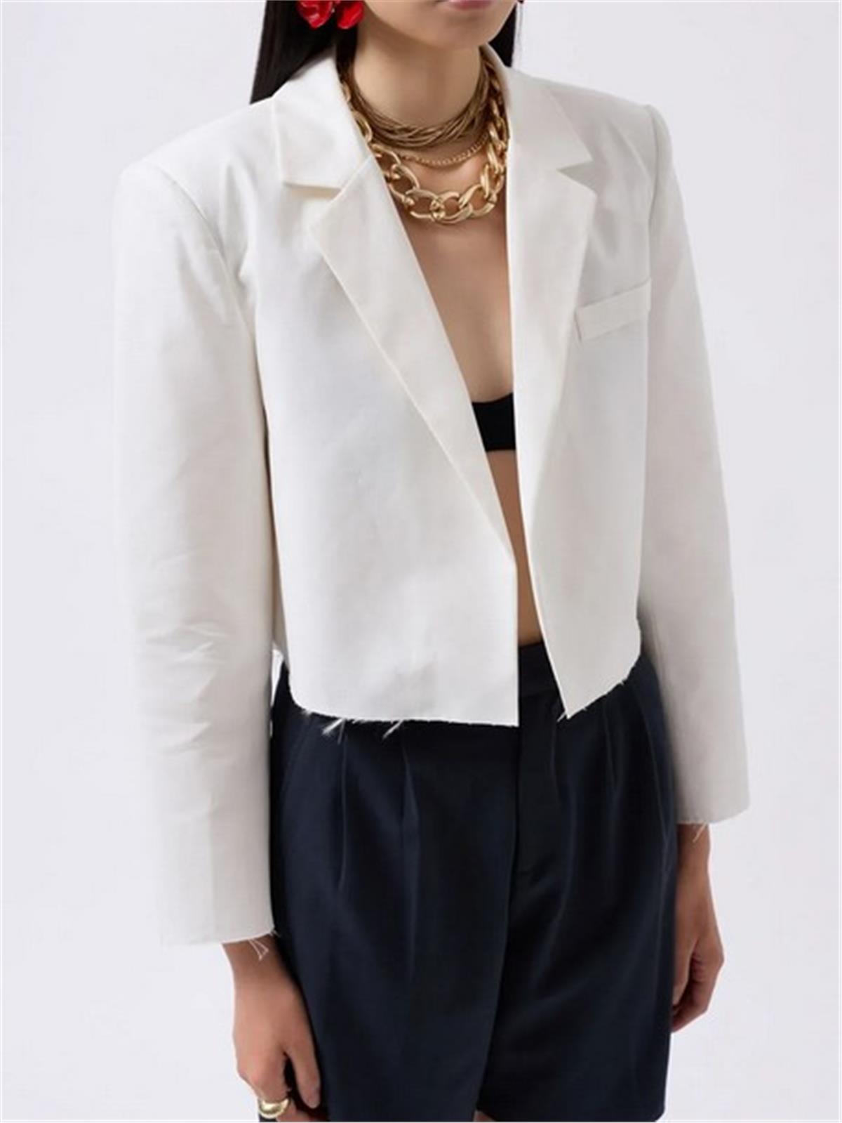 Beyaz Crop Keten Blazer Ceket