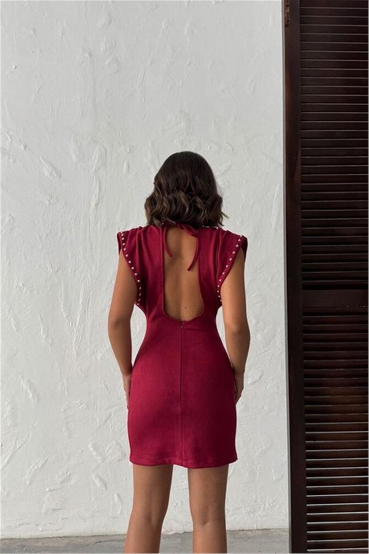 Droplu Bordo Süet Elbise