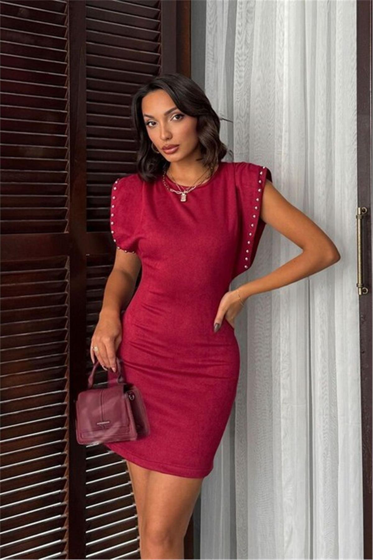 Droplu Bordo Süet Elbise
