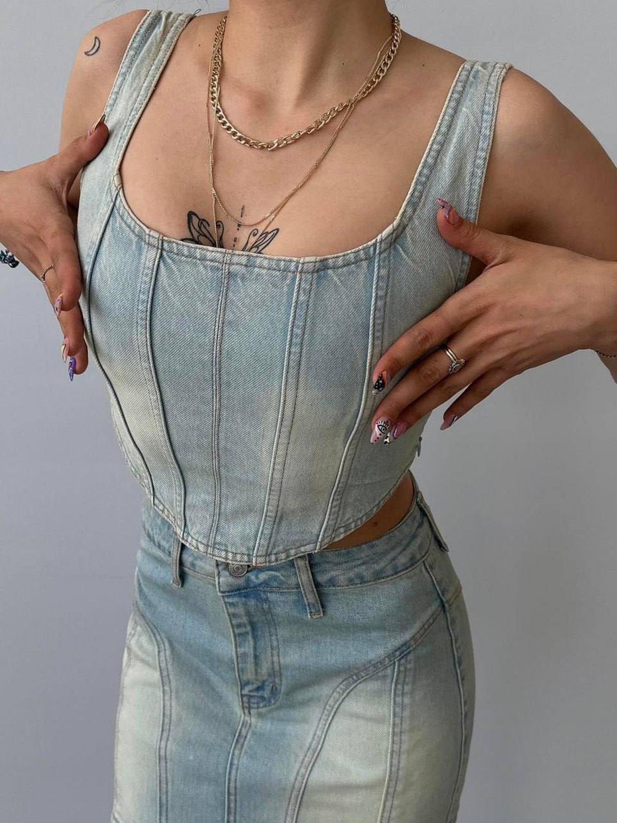 Eskitilmiş Denim Büstiyer