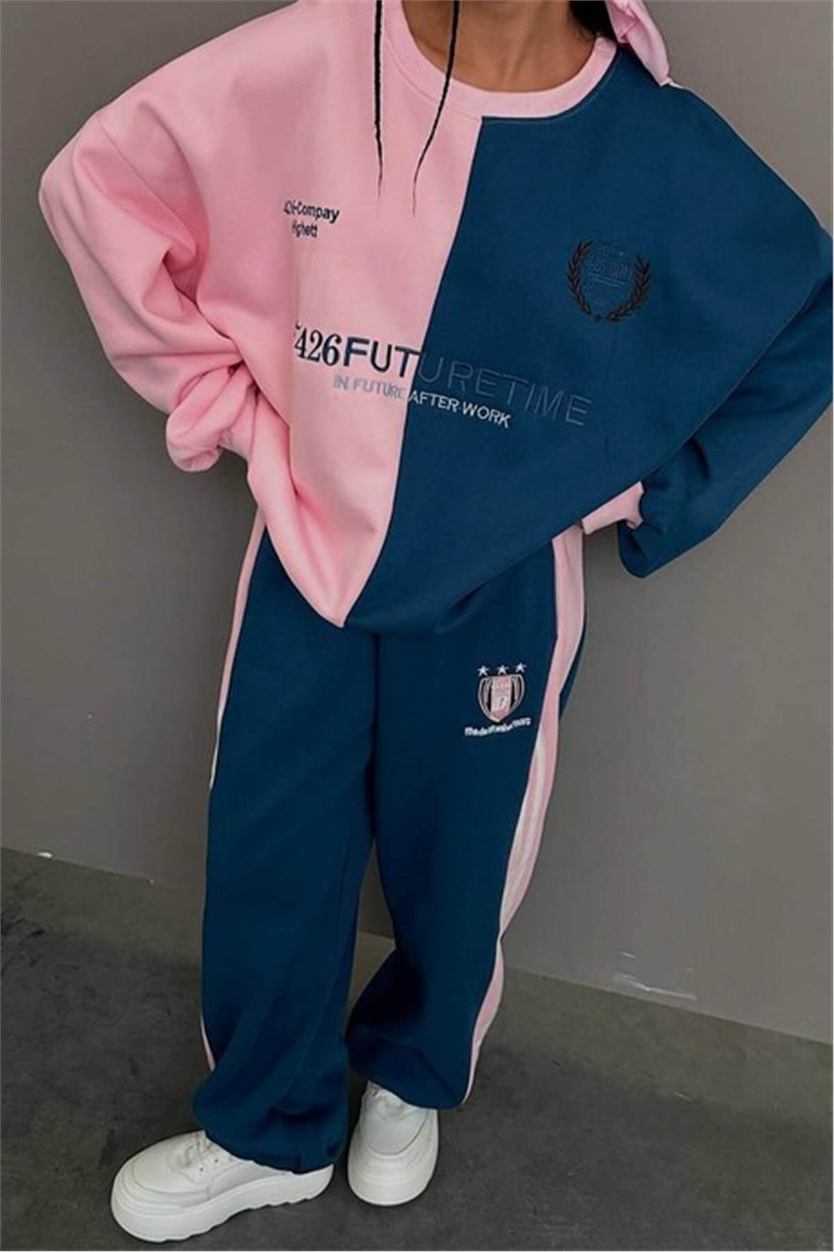 İki Renk Bol Pembe Eşofman Takımı
