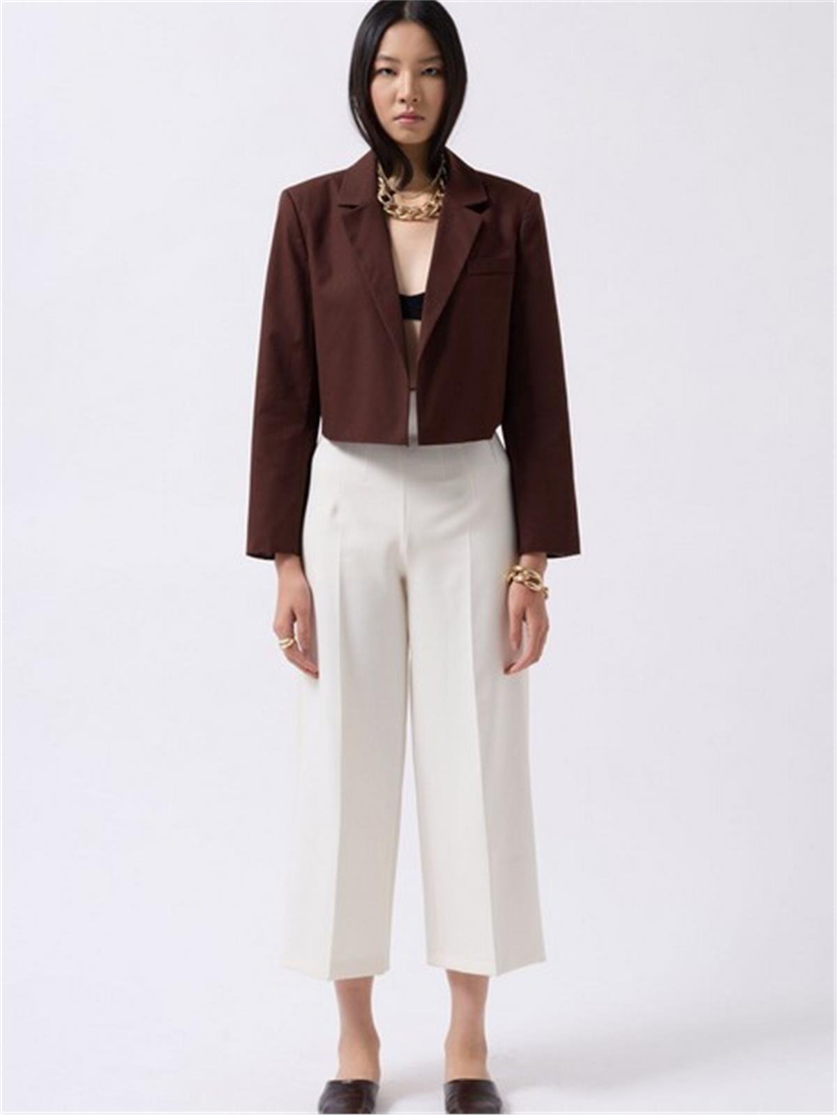 Kahverengi Crop Keten Blazer Ceket