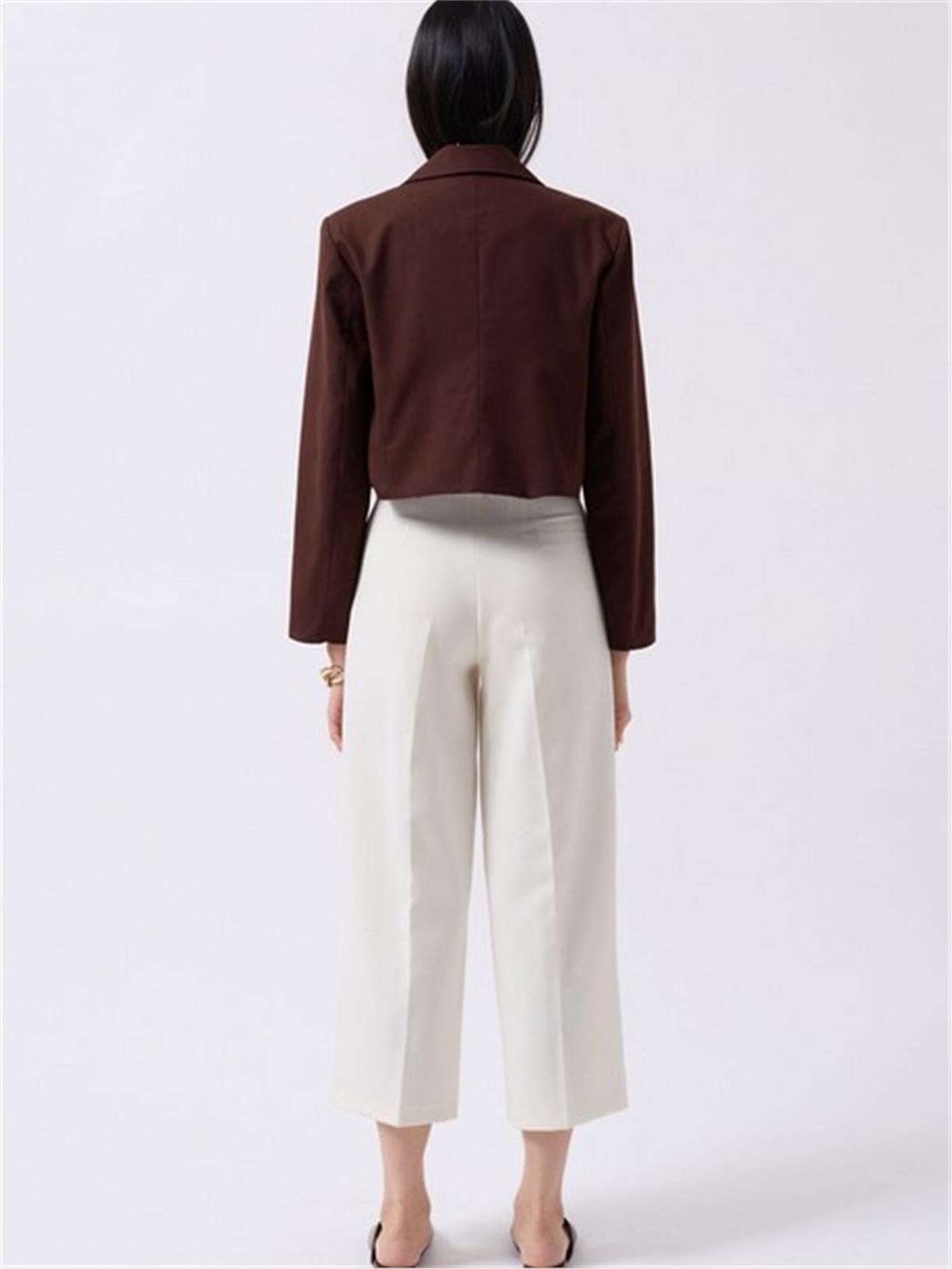 Kahverengi Crop Keten Blazer Ceket