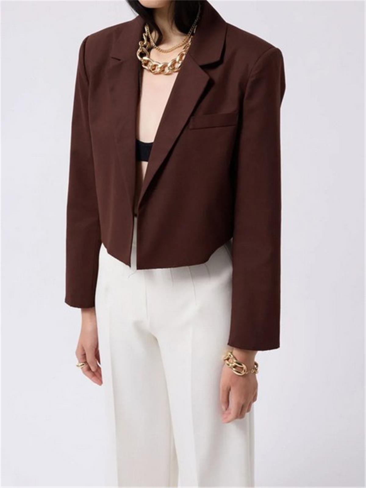 Kahverengi Crop Keten Blazer Ceket