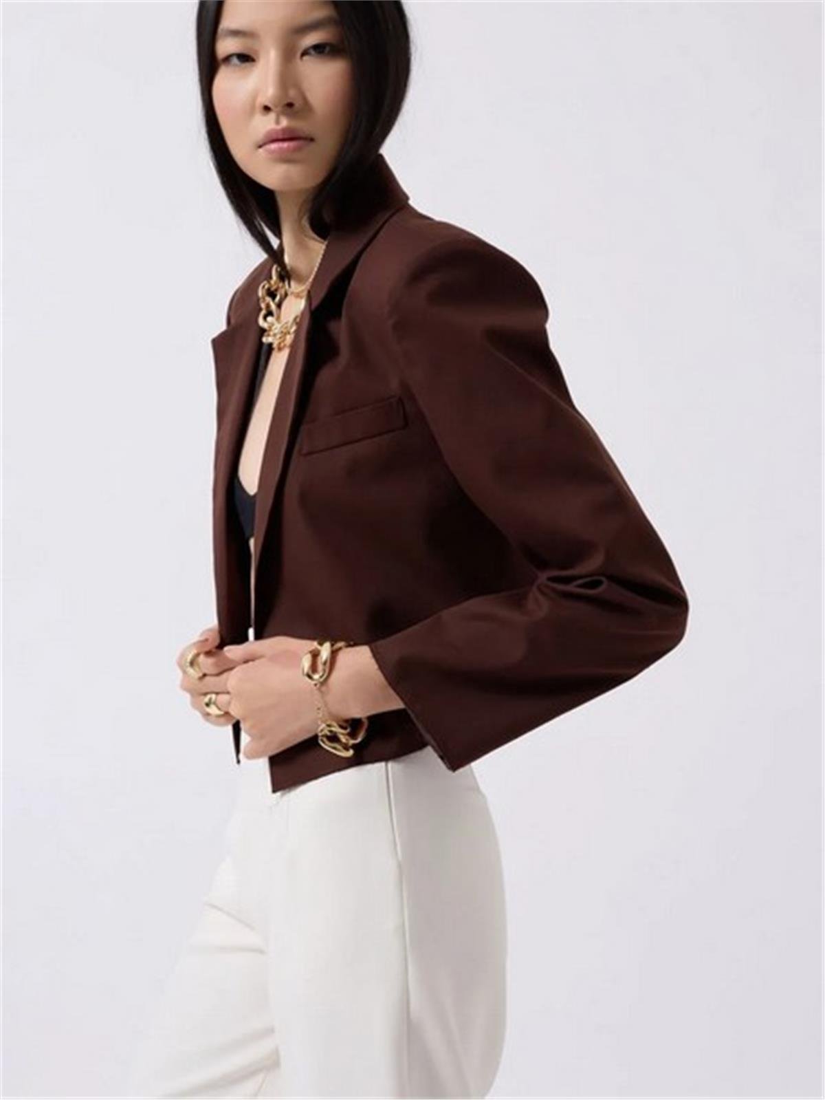 Kahverengi Crop Keten Blazer Ceket