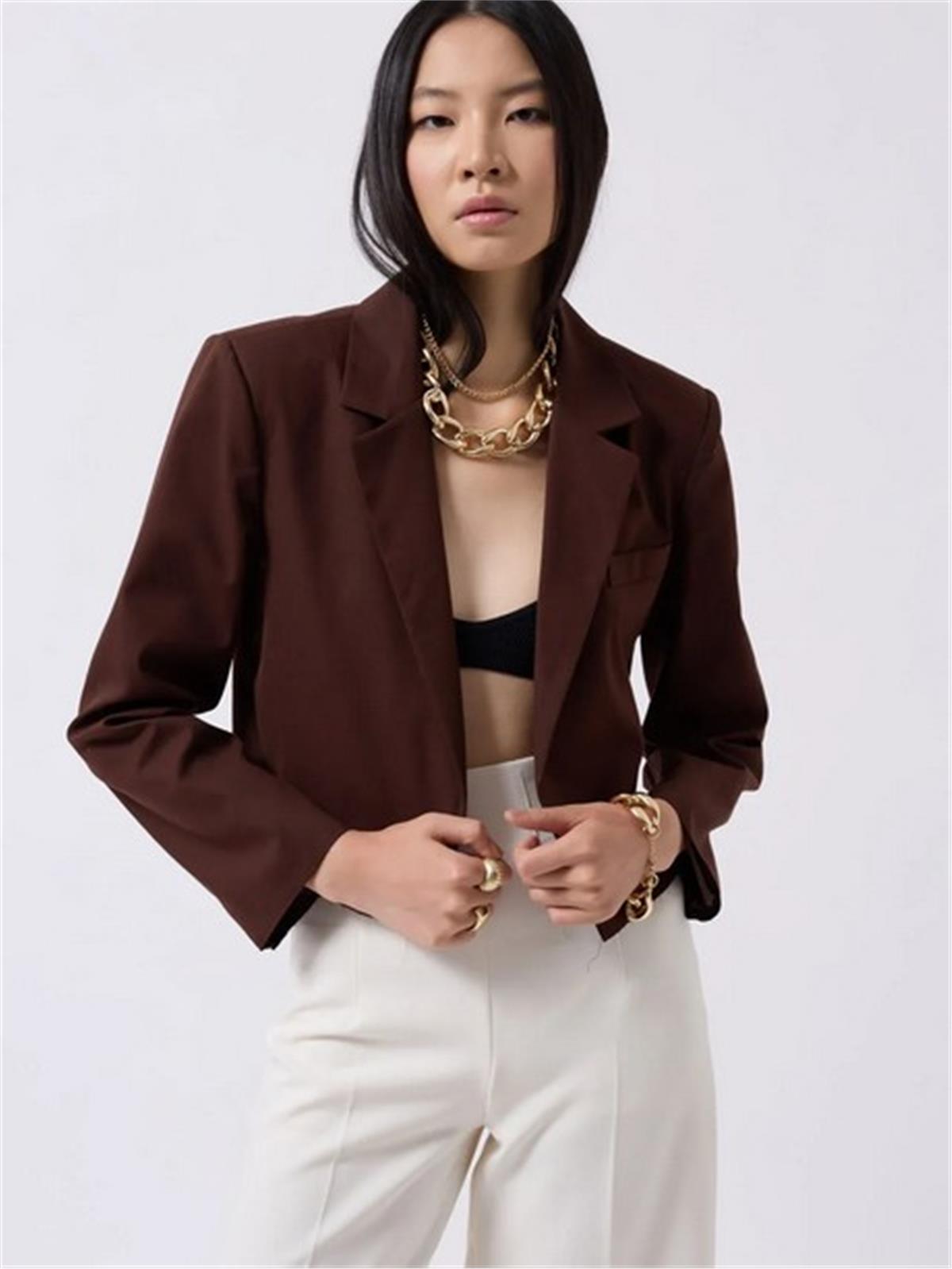 Kahverengi Crop Keten Blazer Ceket