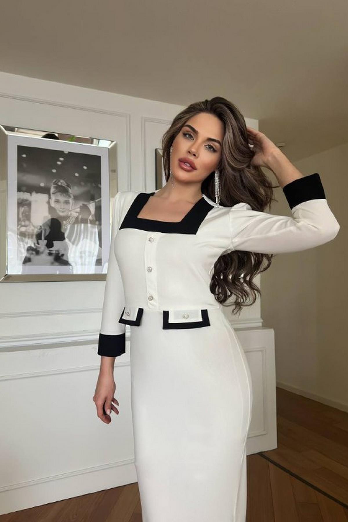 Kare Yaka Omuz Detaylı Midi Boy Beyaz Elbise
