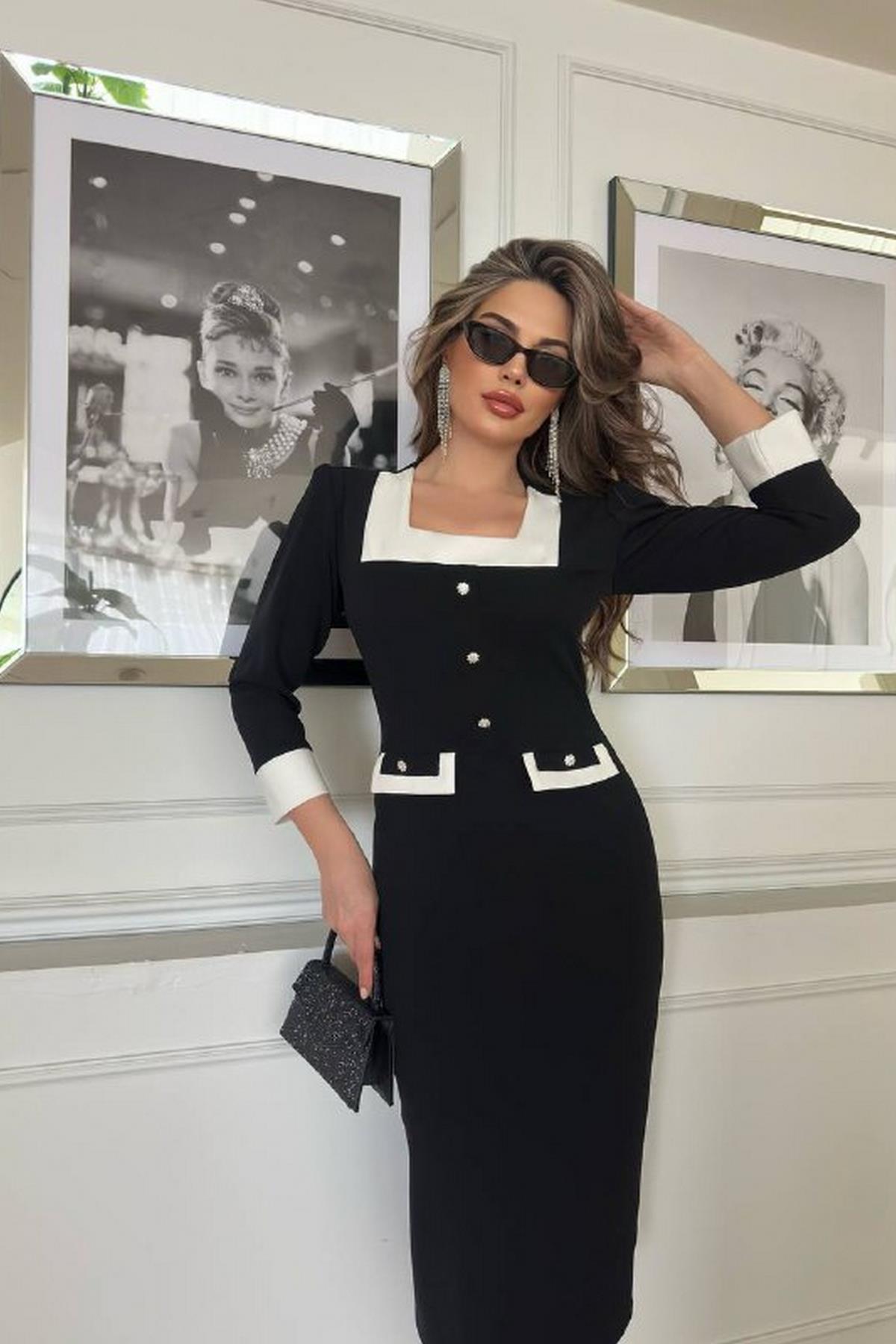 Kare Yaka Omuz Detaylı Midi Boy Siyah Elbise