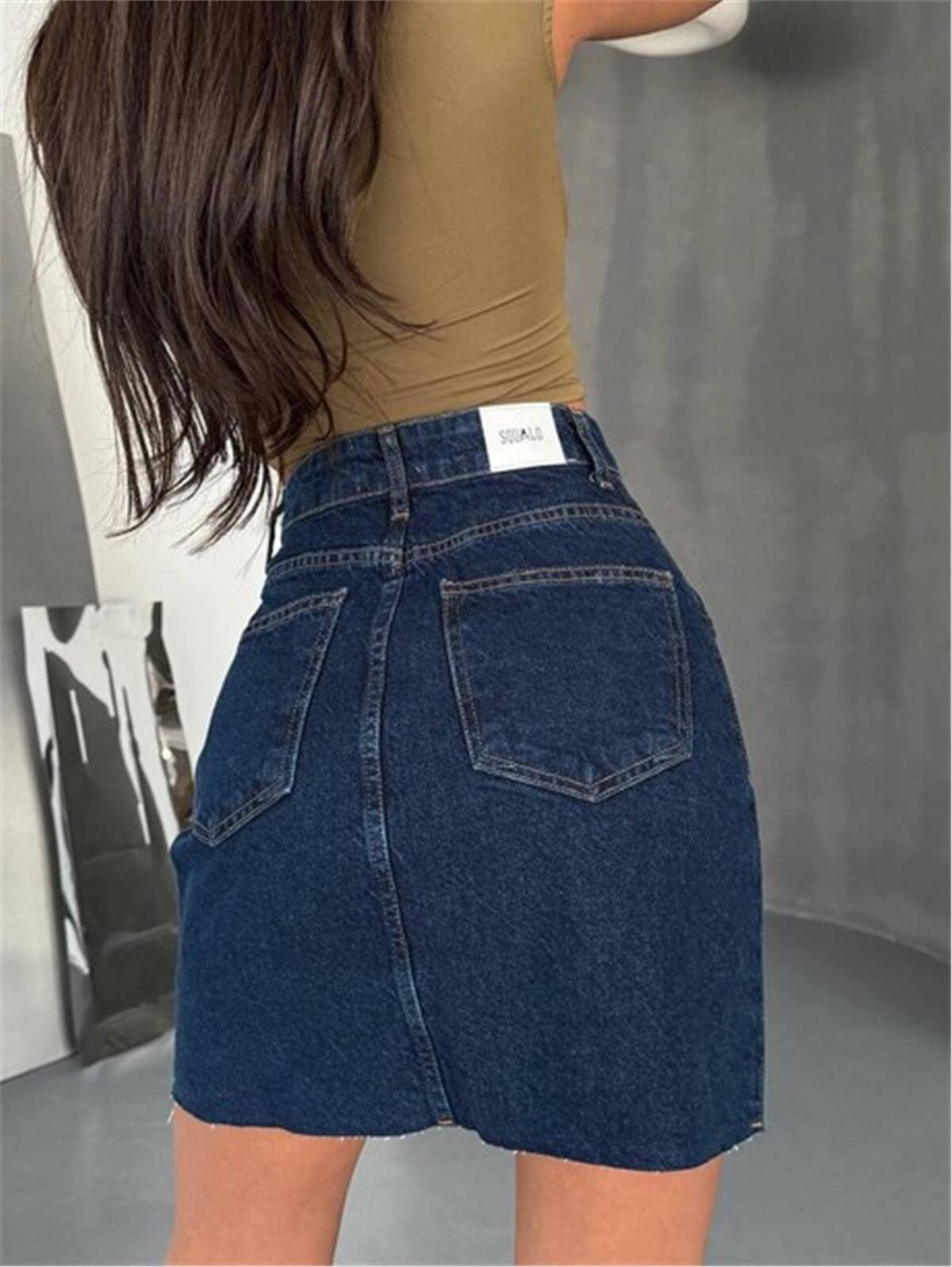 Koyu Mavi Yırtmaçlı Fermuarlı Denim Mini Etek