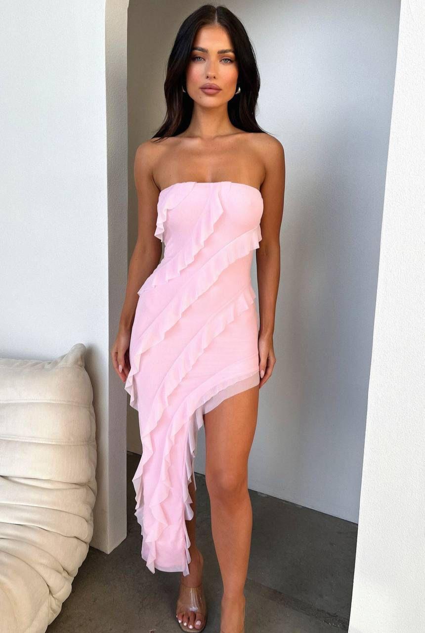 Sandy Yırtmaç Detaylı Katlı Elbise Pembe