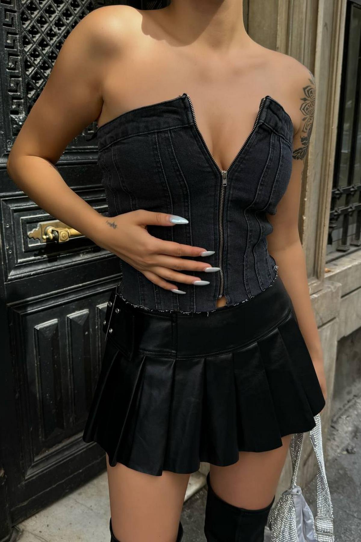 Siyah Fermuarlı Denim Büstiyer