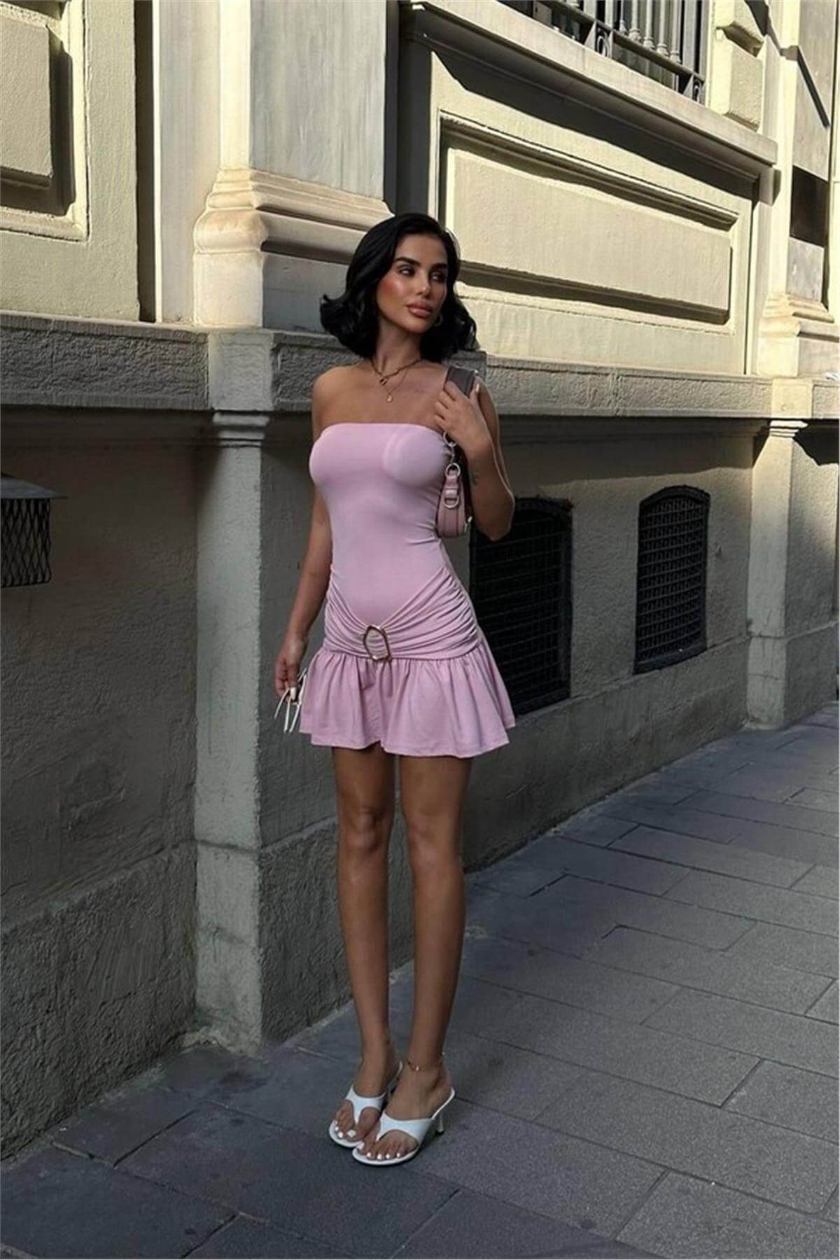 Toka Detaylı Straplez Pembe Mini Elbise