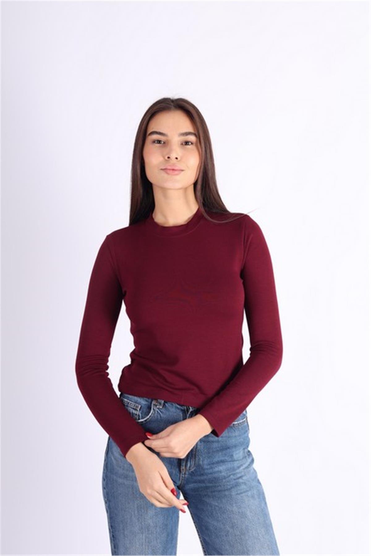 Uzun Kollu Bordo Parmak Geçirmeli Bluz