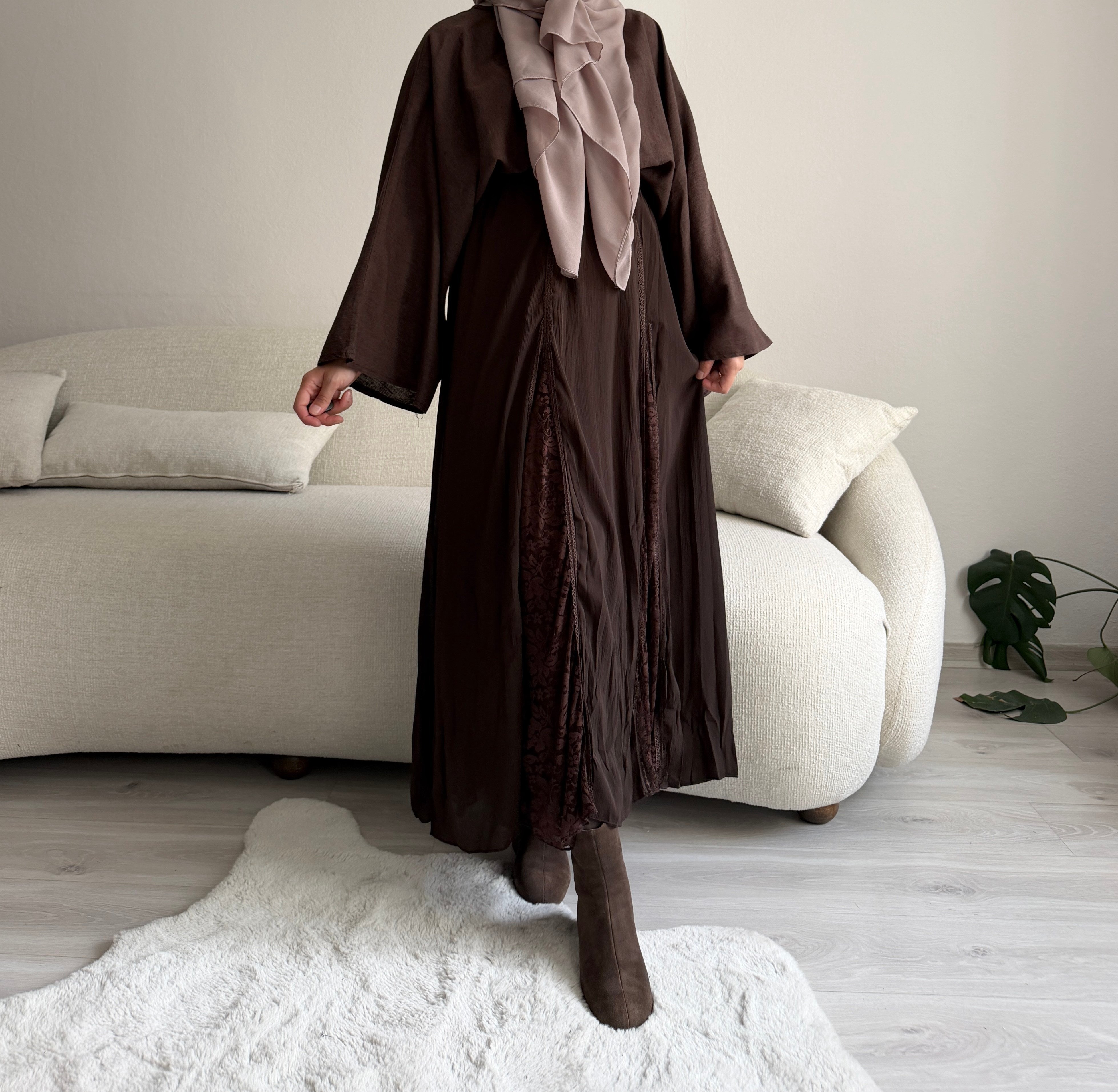 Acı Kahve Dantel Detaylı Şifon Etek