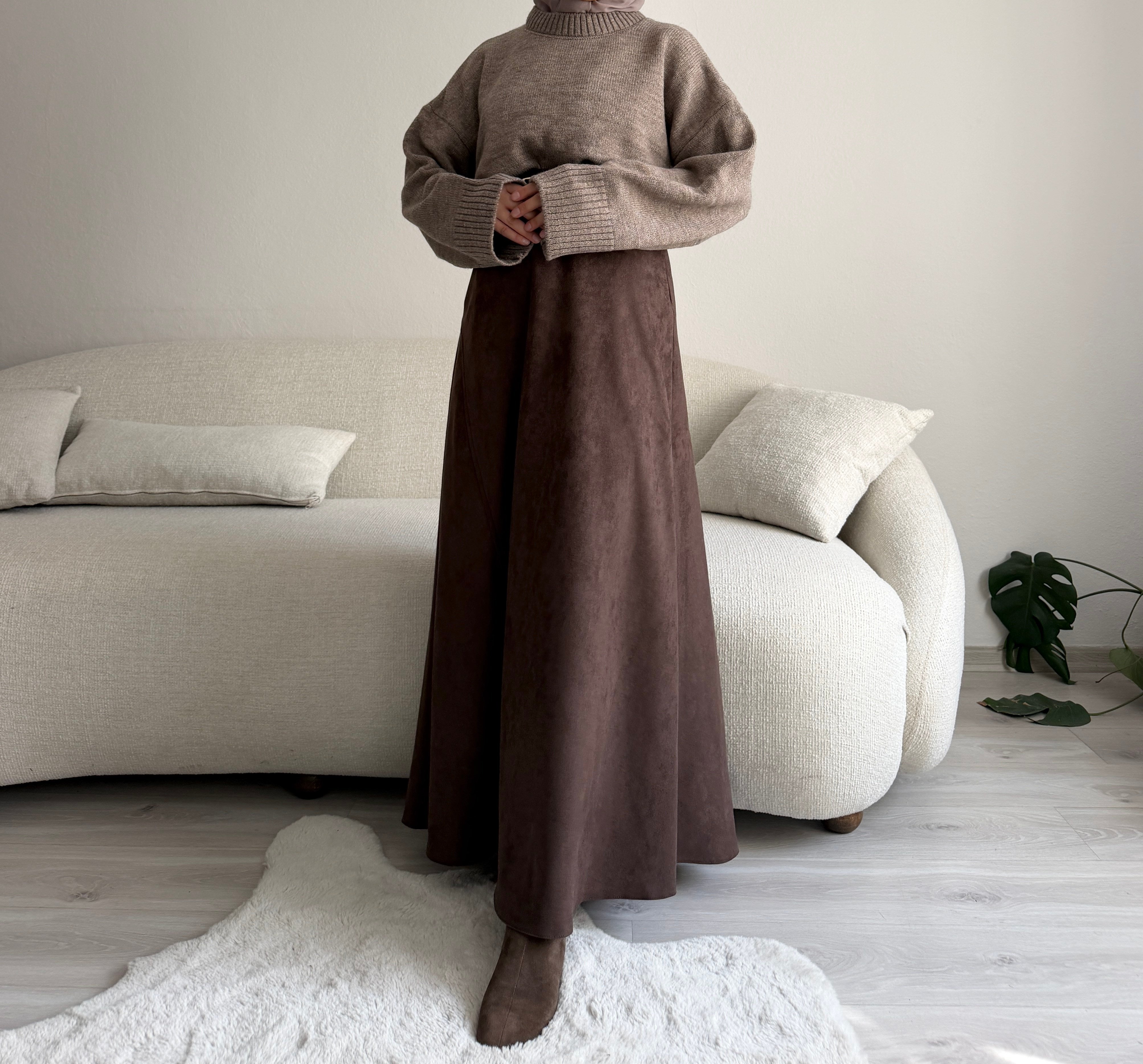 Acı Kahve Kemerli Süet Etek