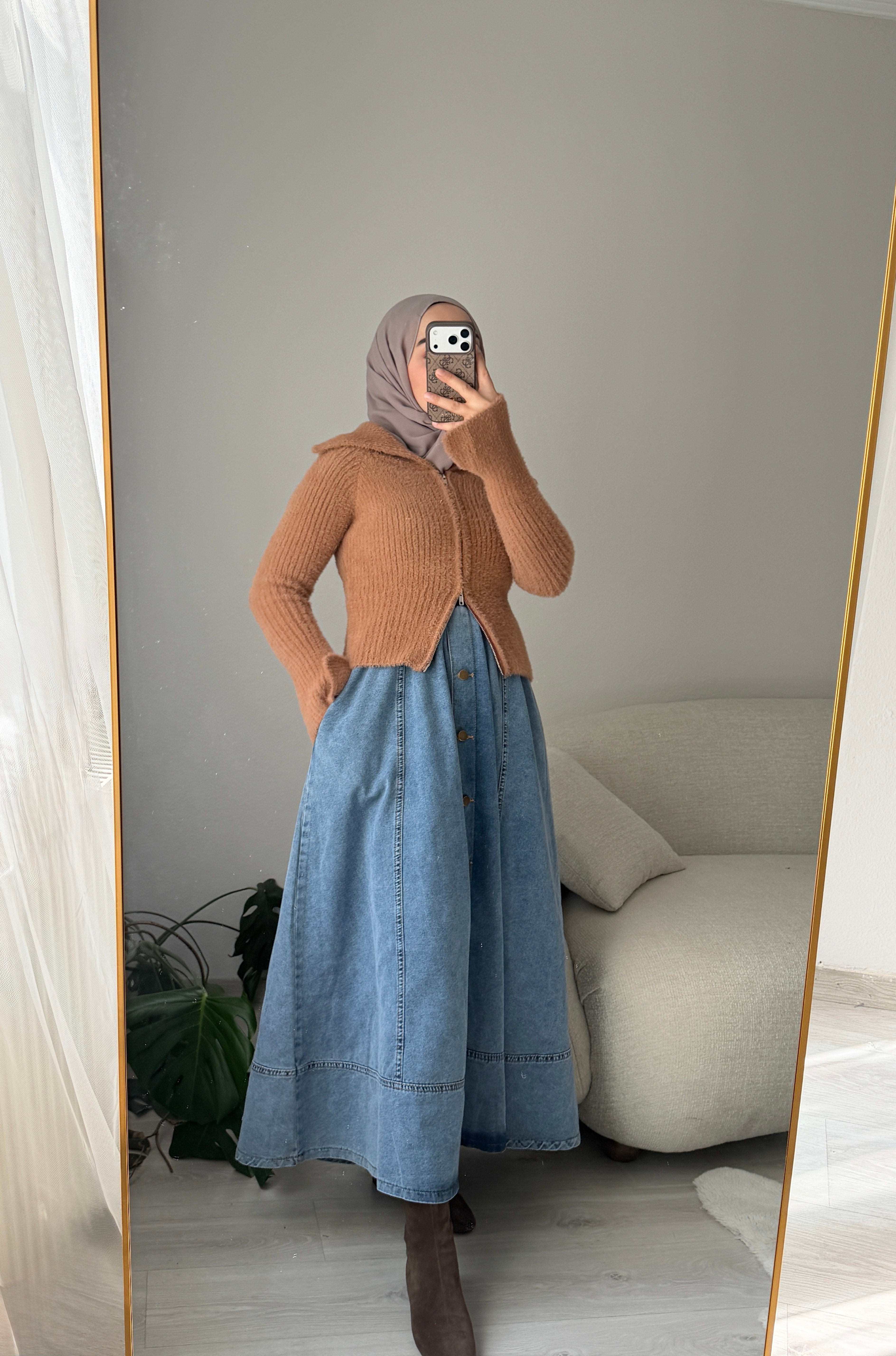Açık Mavi Düğmeli Kot Kloş Etek
