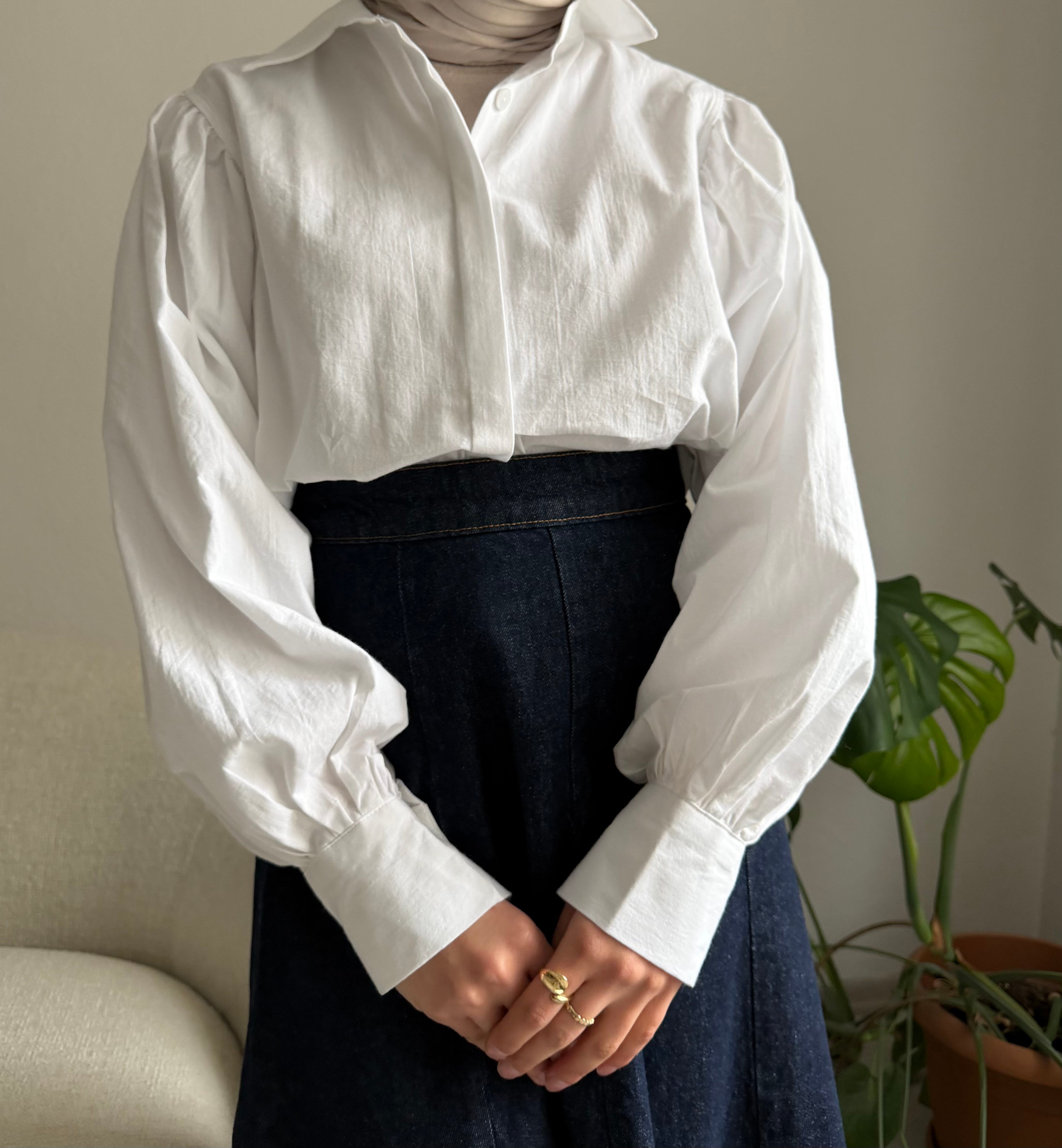 Beyaz Balon Kol Poplin Gömlek