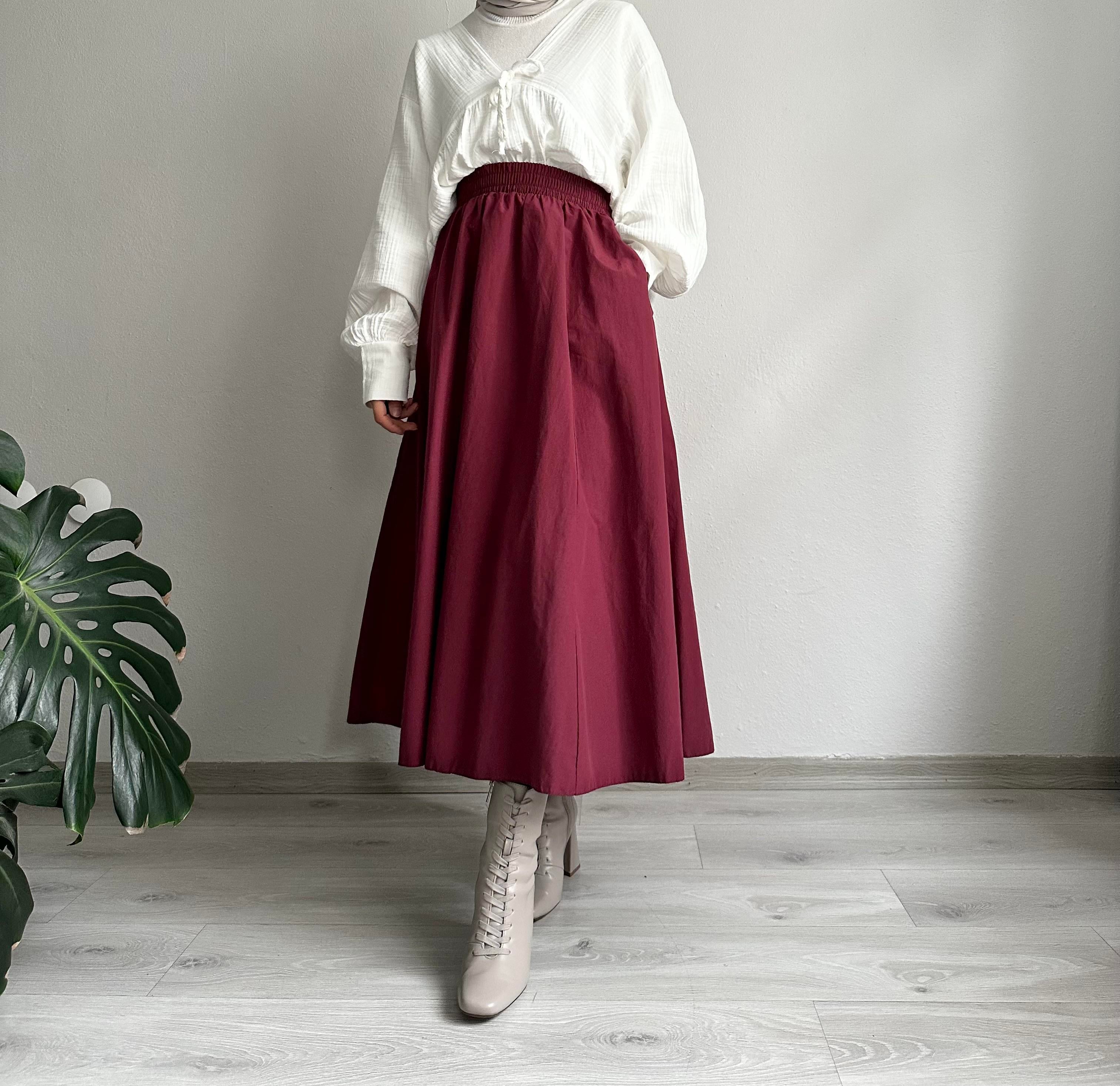 Bordo Beli Lastikli Kloş Etek