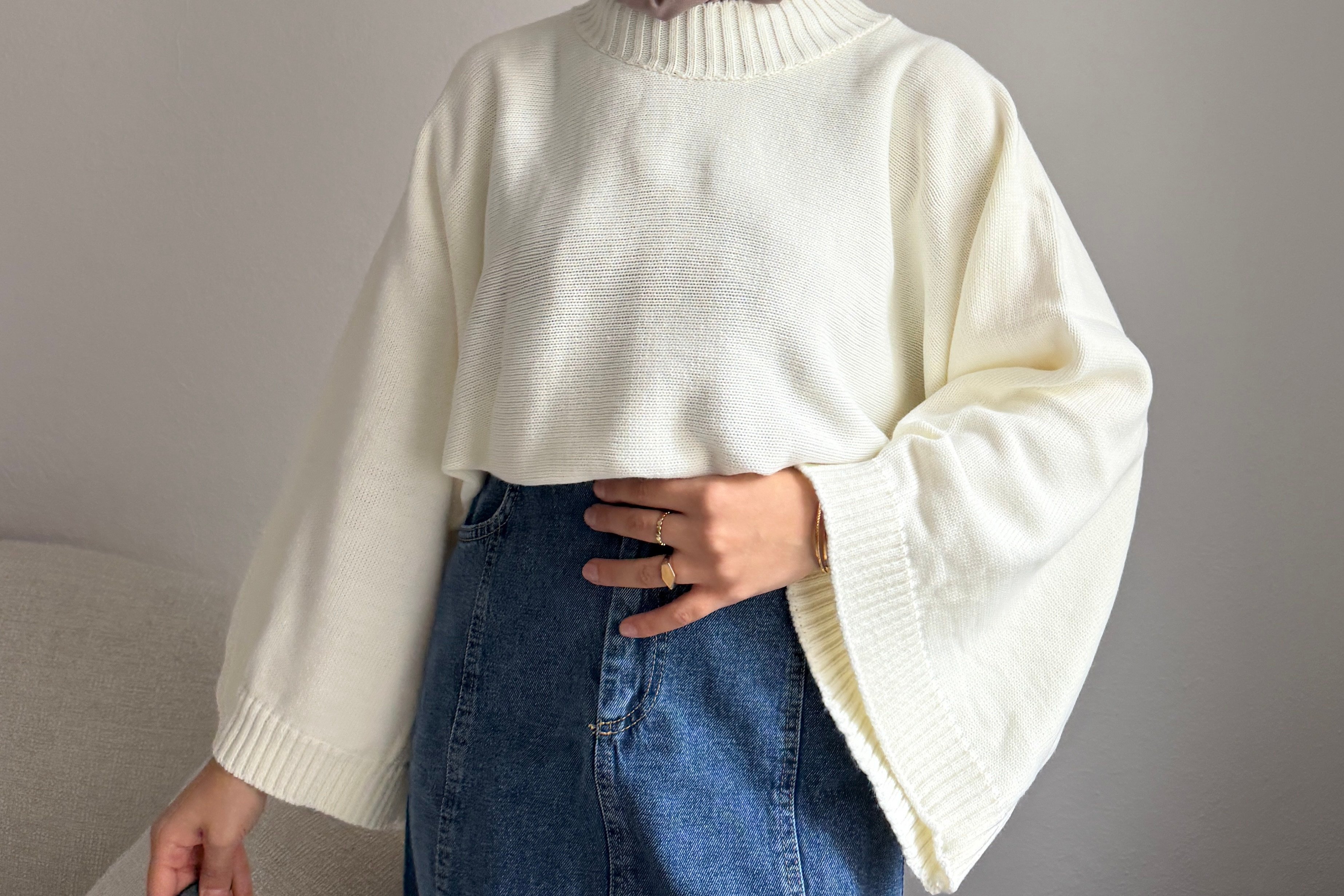 Ekru Geniş Kol Oversize Kazak
