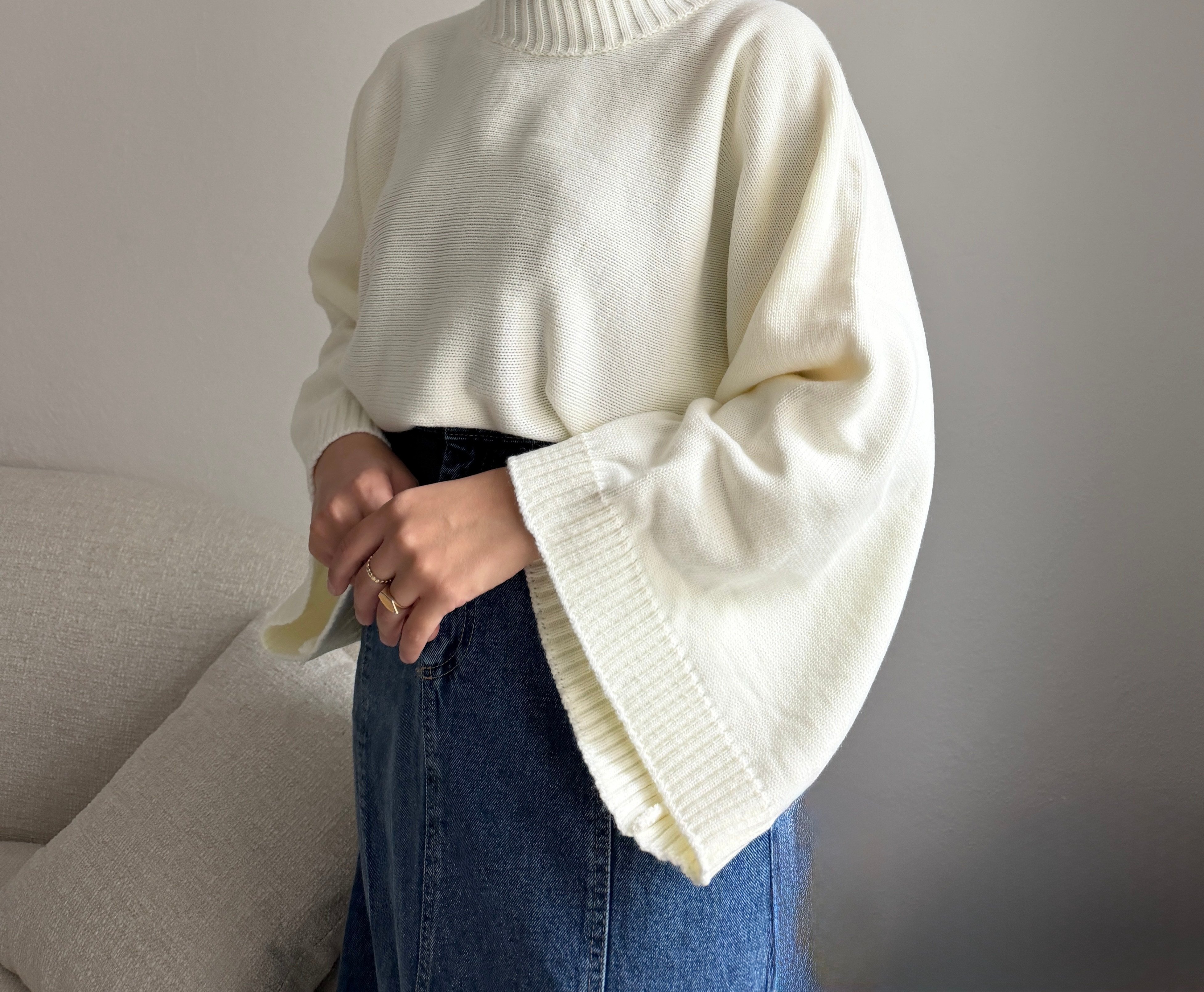 Ekru Geniş Kol Oversize Kazak