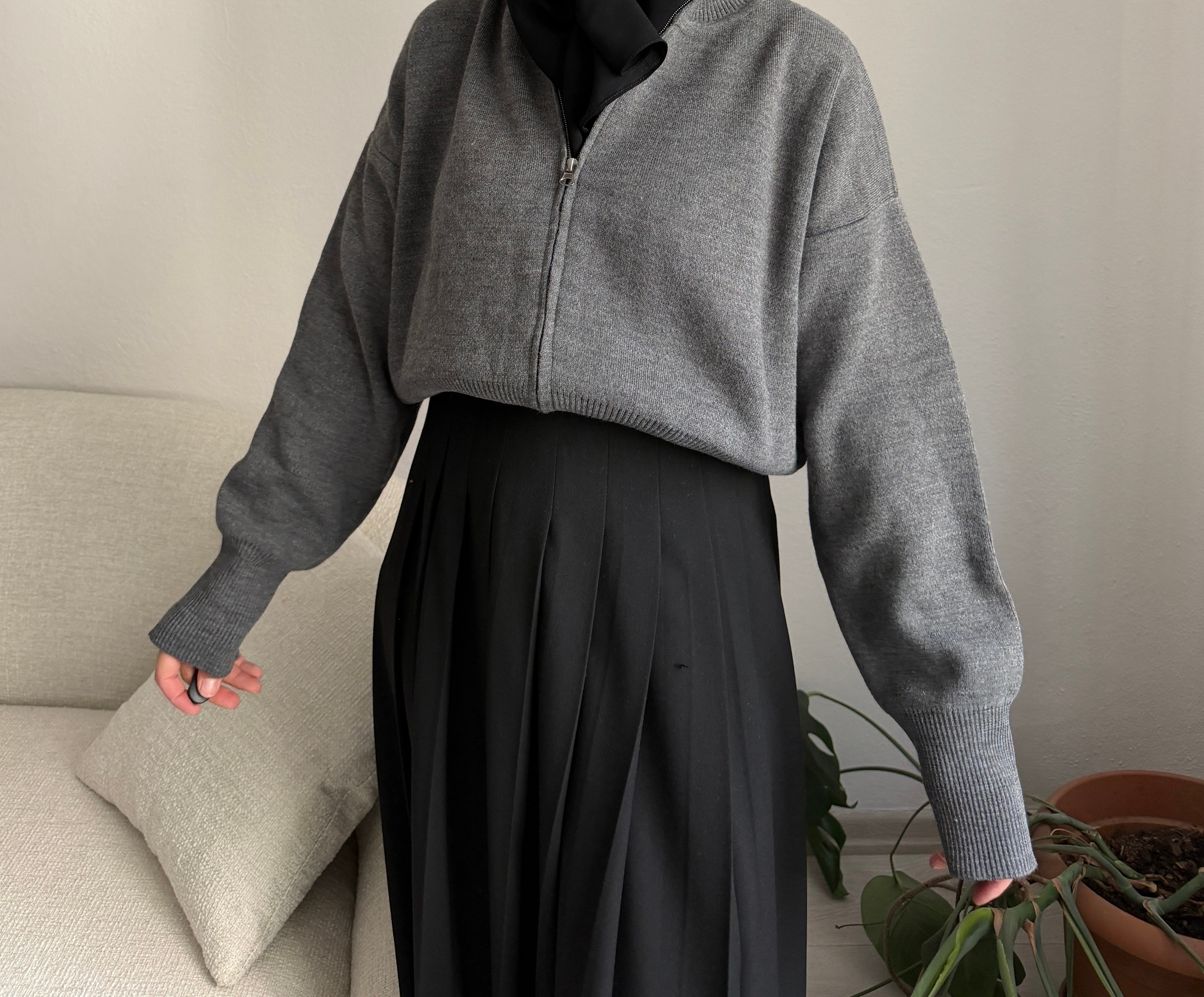 Gri Fermuarlı Premium Hırka