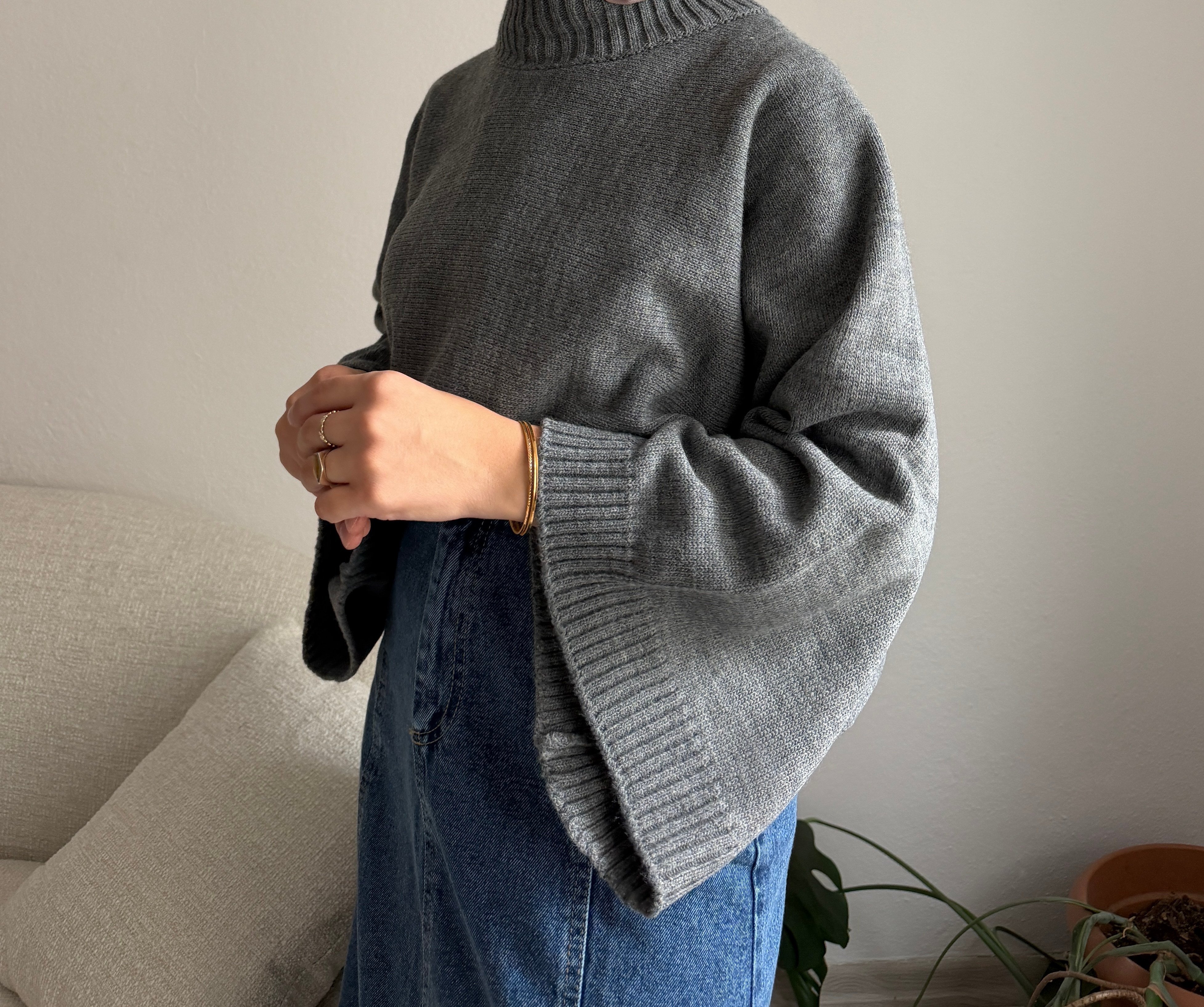 Gri Geniş Kol Oversize Kazak