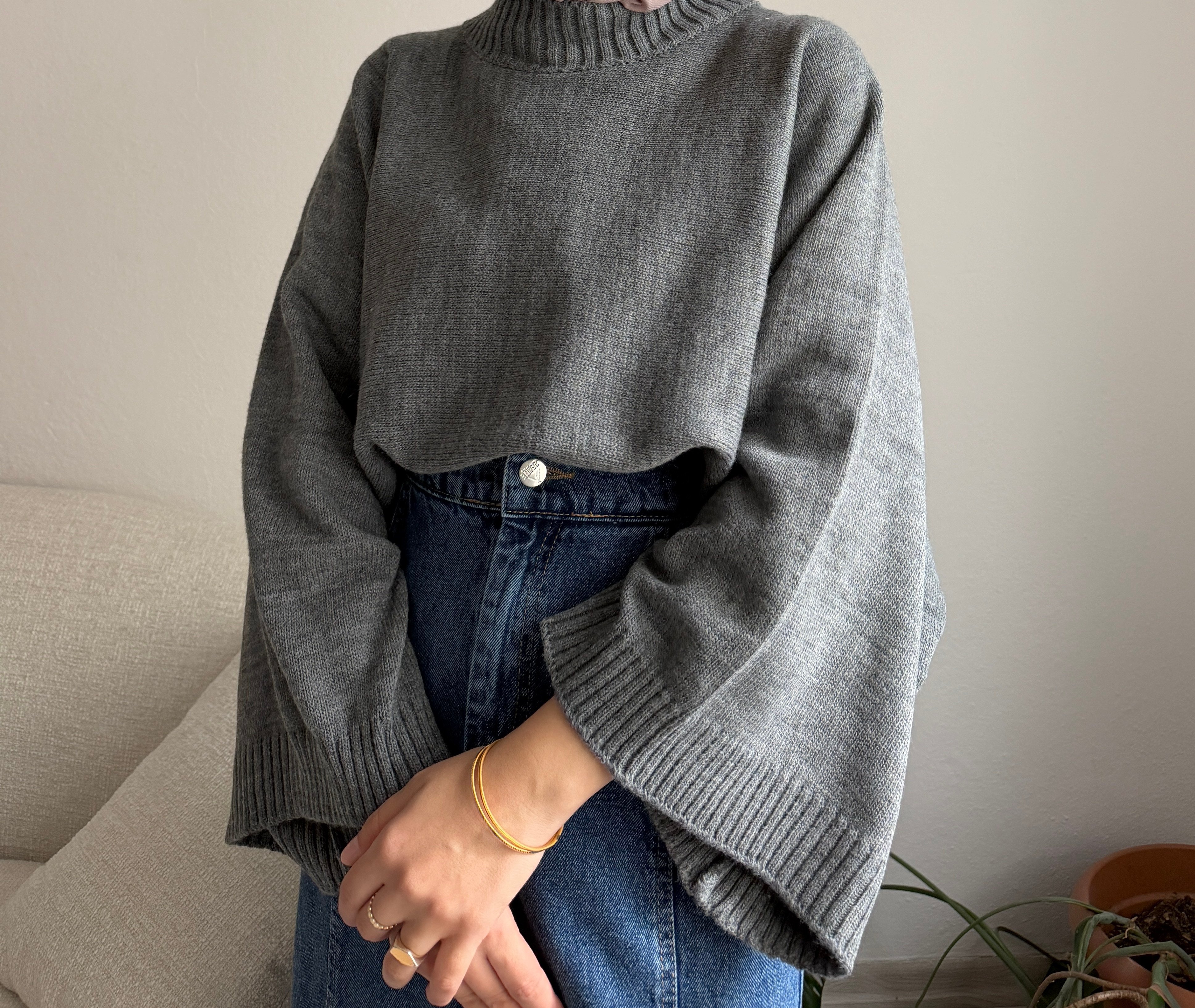 Gri Geniş Kol Oversize Kazak