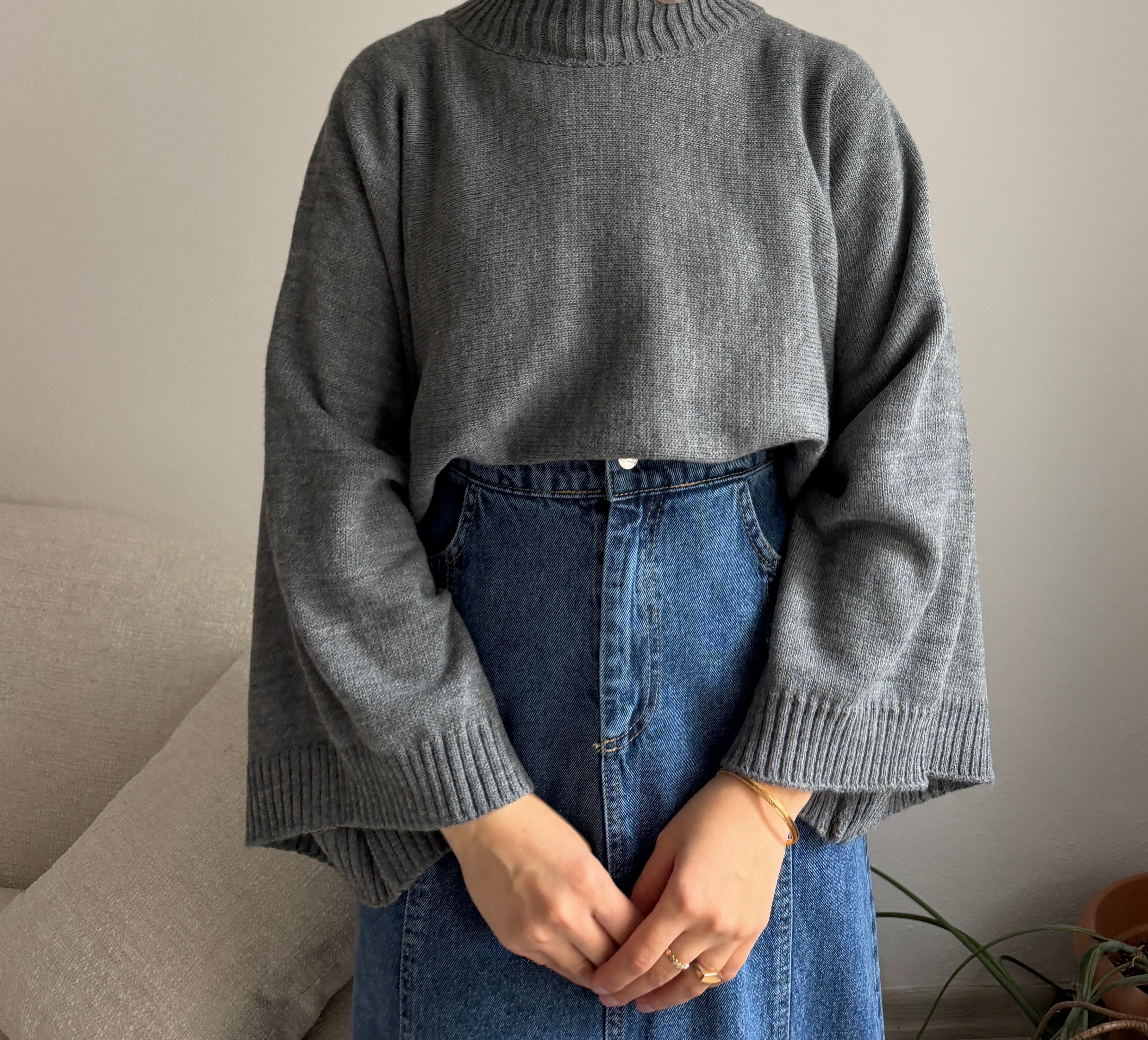 Gri Geniş Kol Oversize Kazak
