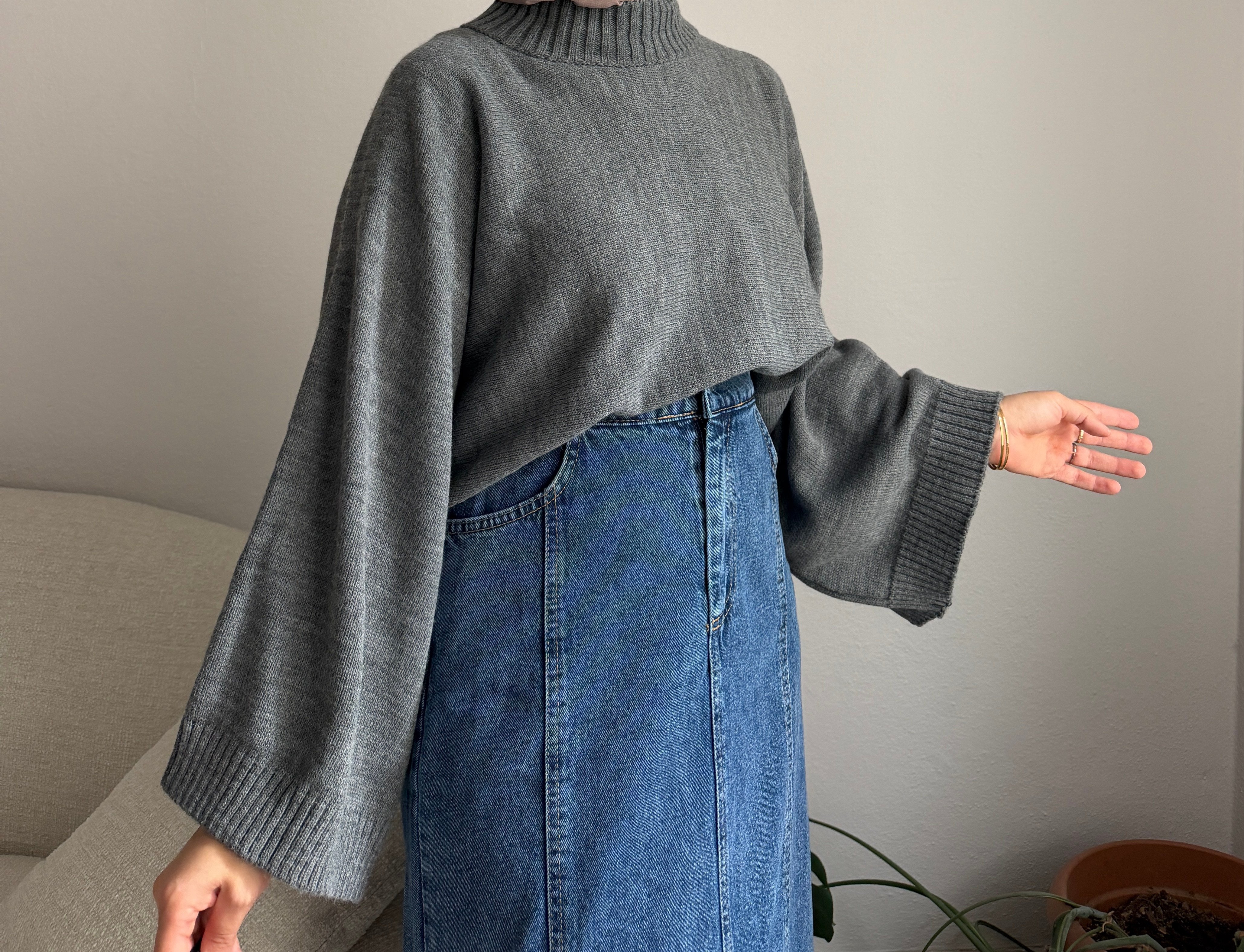 Gri Geniş Kol Oversize Kazak