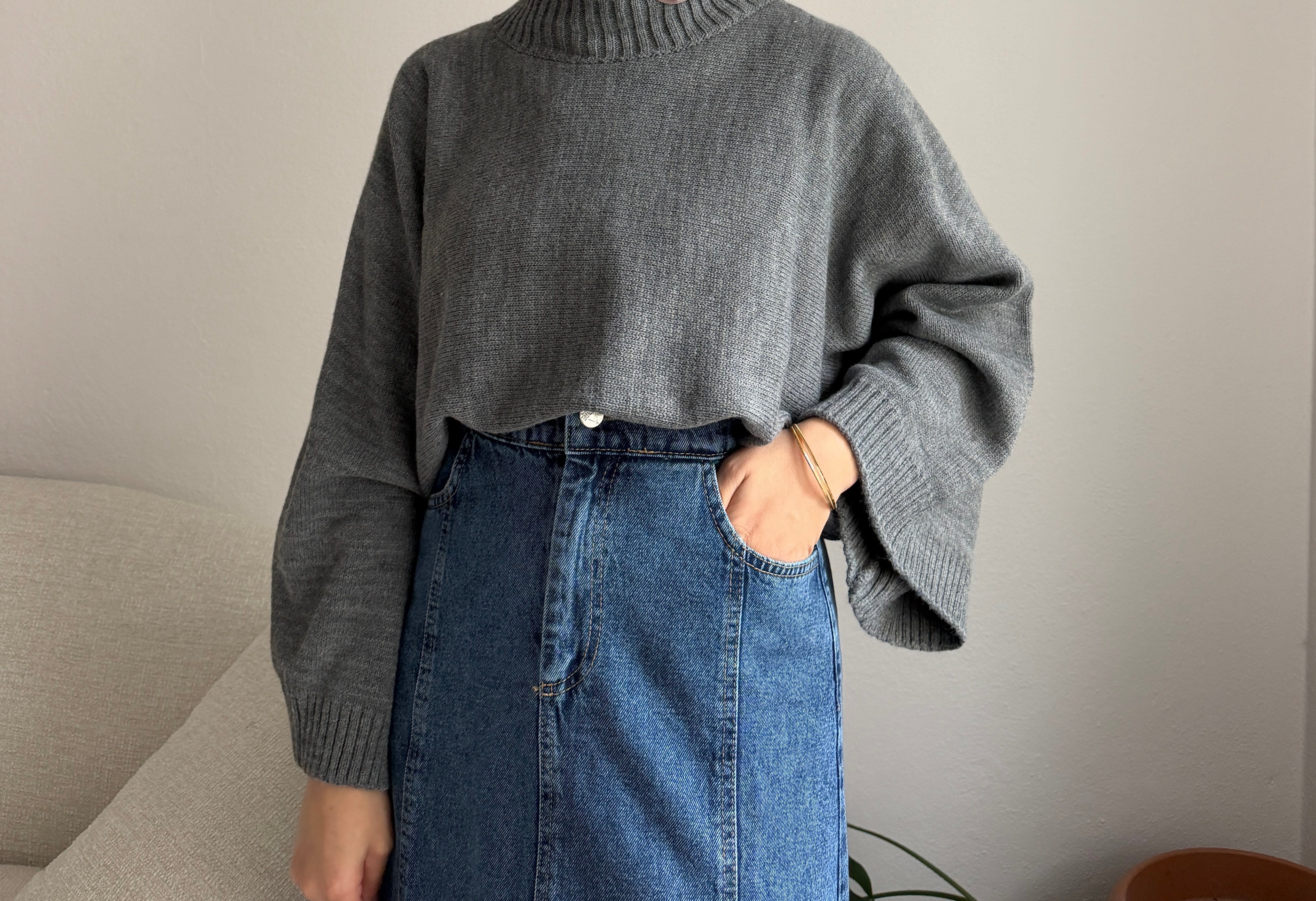 Gri Geniş Kol Oversize Kazak