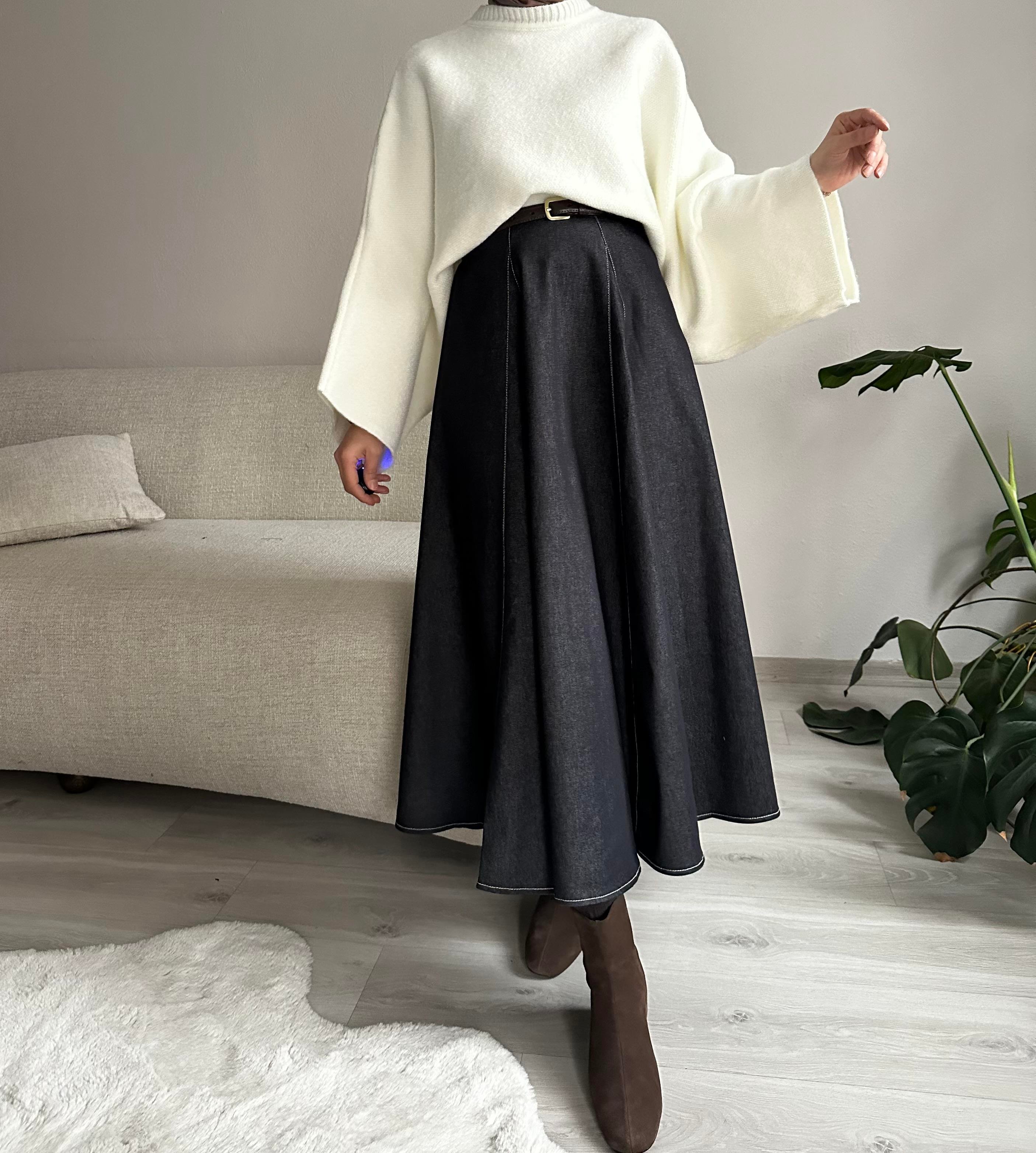 İndigo Parçalı Kot Etek