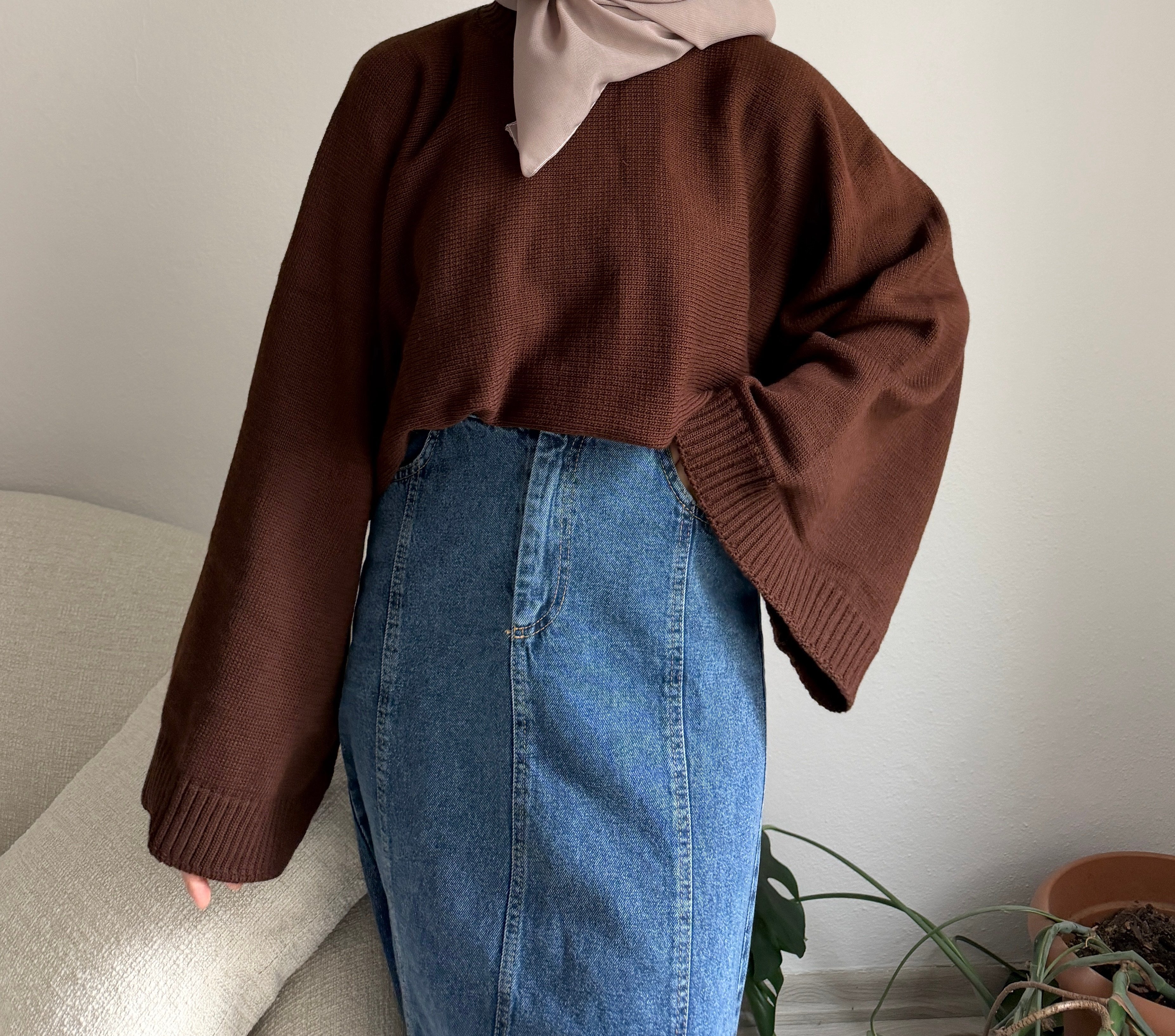Kahverengi Geniş Kol Oversize Kazak