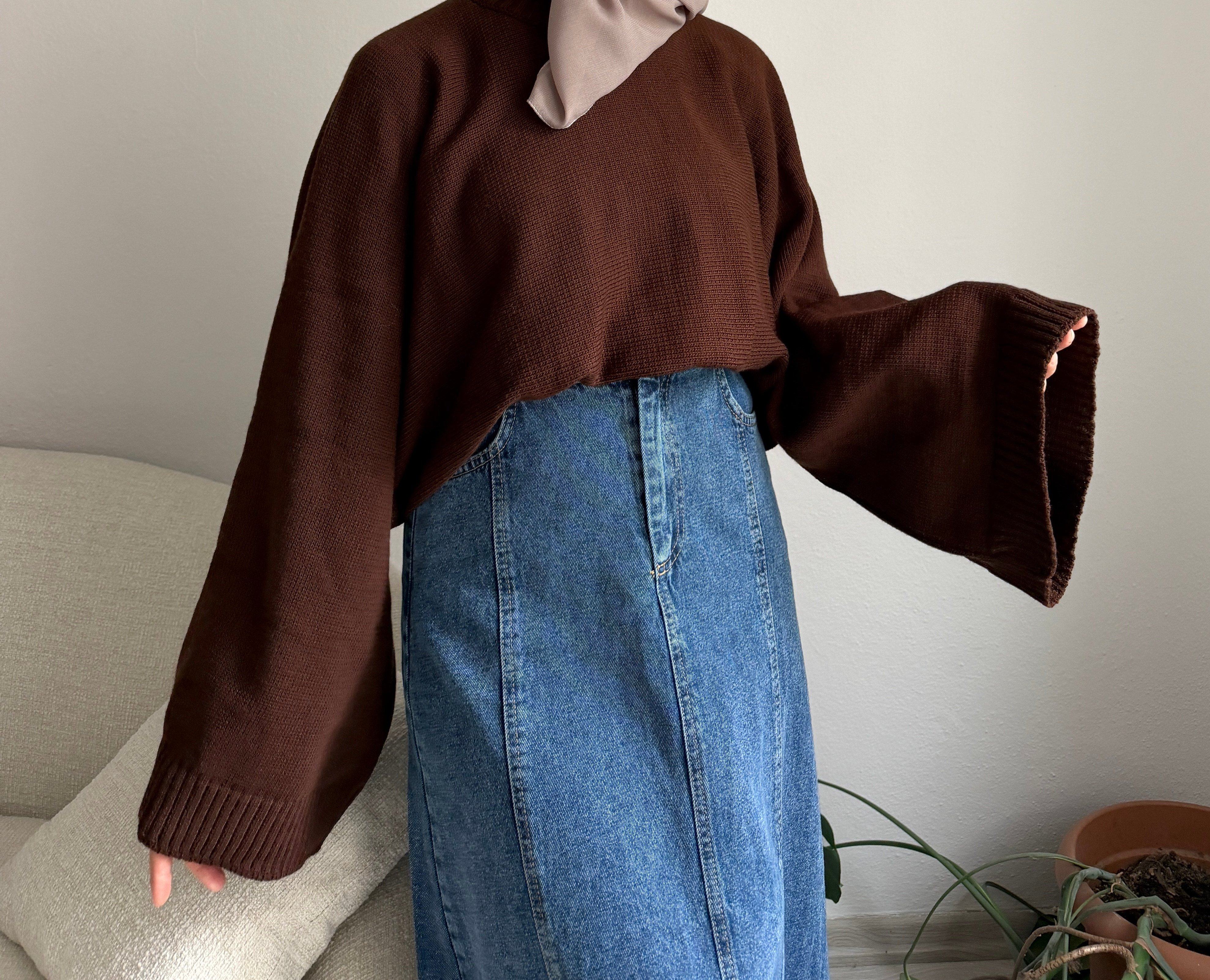 Kahverengi Geniş Kol Oversize Kazak