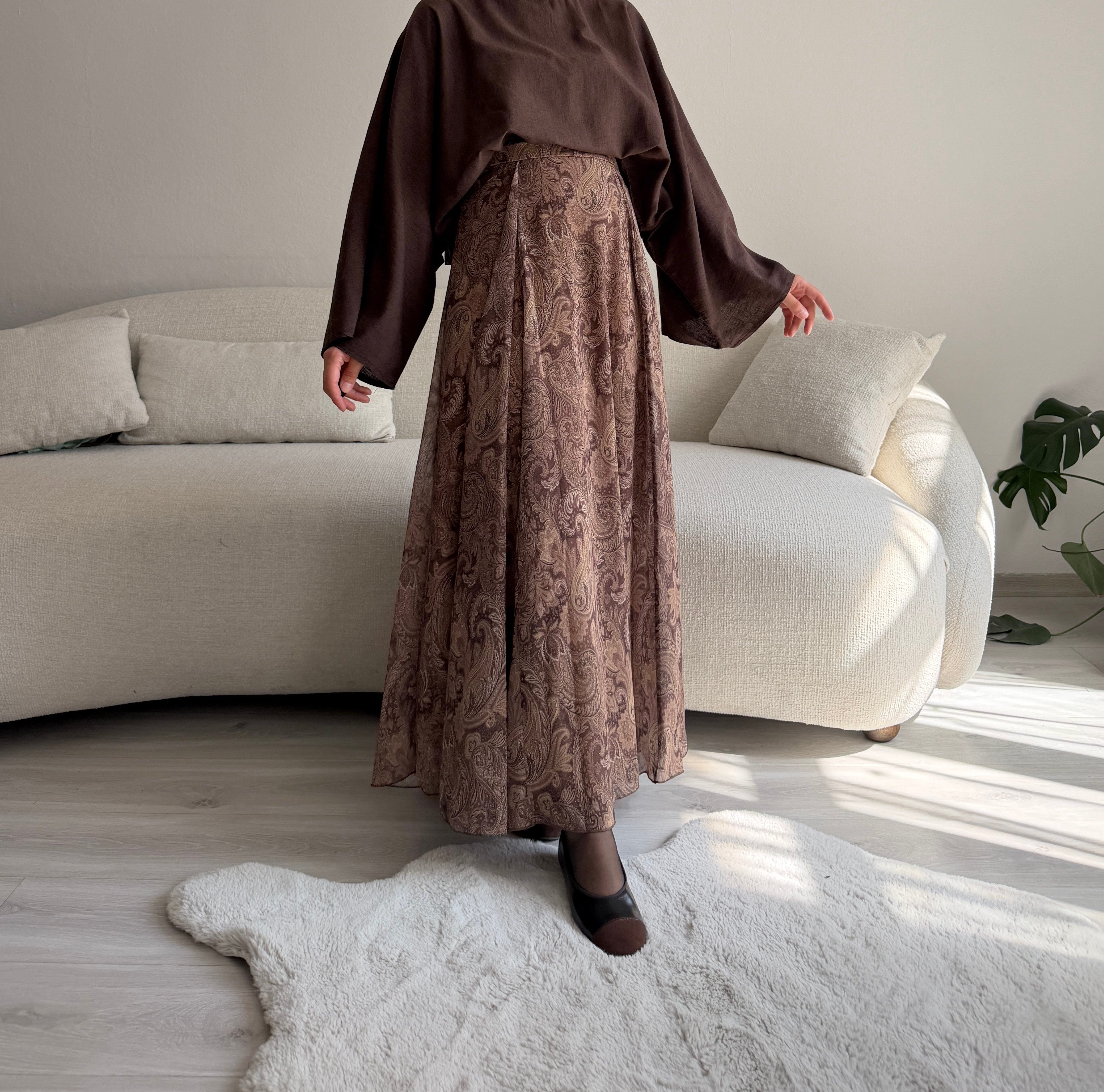 Kahverengi Şal Desen Şifon Etek