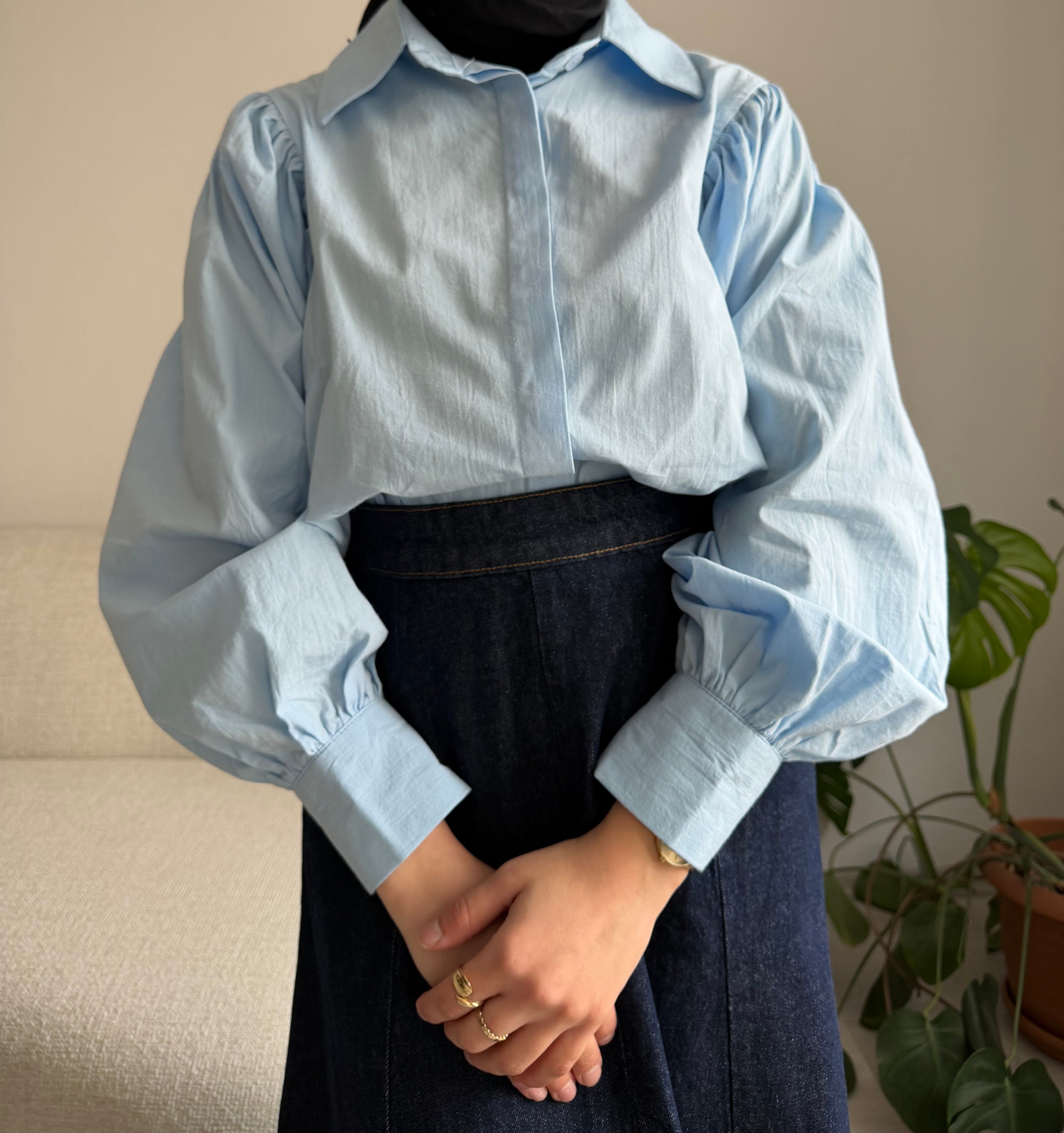 Mavi Balon Kol Poplin Gömlek