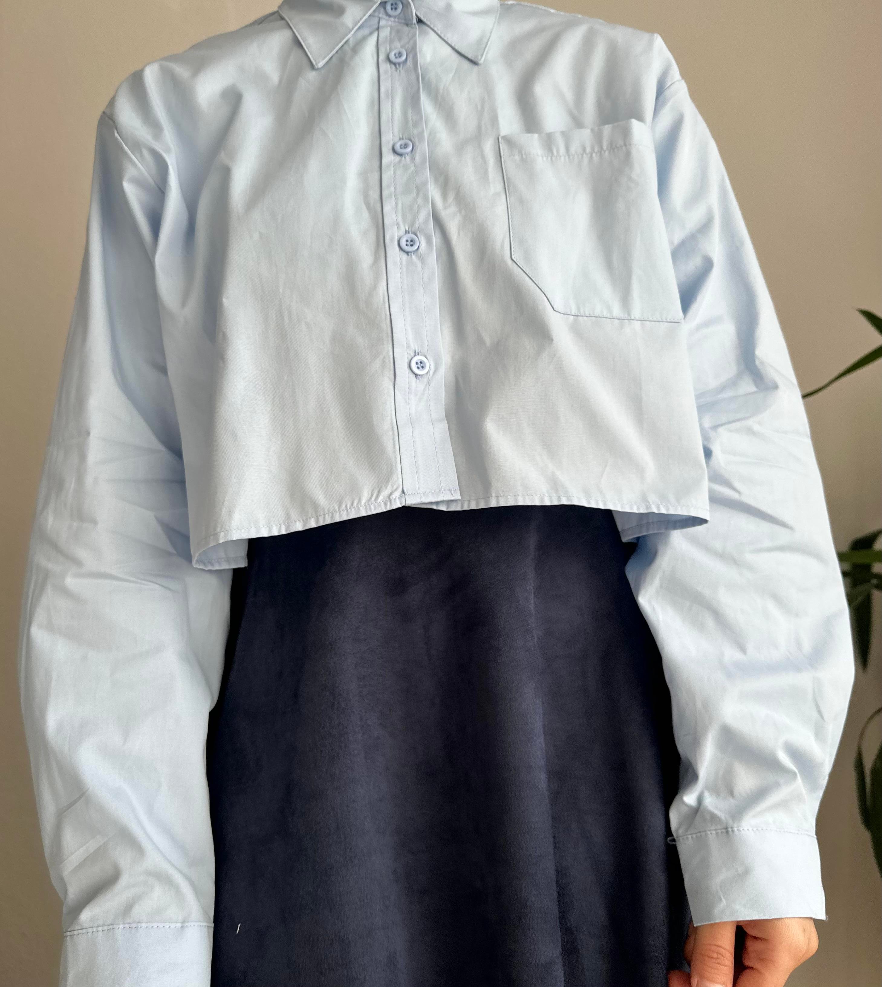 Mavi Poplin Crop Gömlek